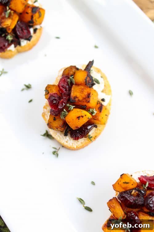 Roasted Butternut, Cranberry, and Chèvre Crostini 7 Butternut Squash, Cranberry, and Goat Cheese Crostini stacked on a plate