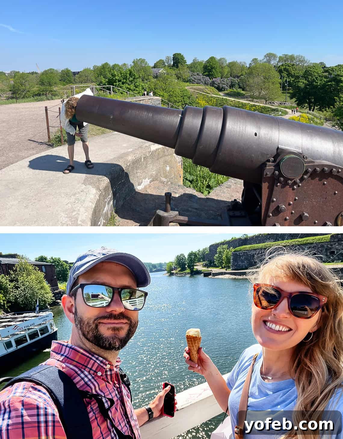 Unlock the Charm of the Baltics 12 A woman with her head inside a cannon, and another couple enjoying ice cream cones on a sunny day.