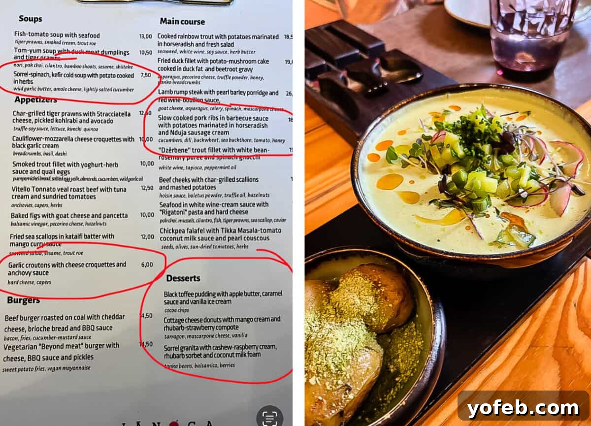 Unlock the Charm of the Baltics 17 A restaurant menu and a delicious bowl of vibrant green soup.