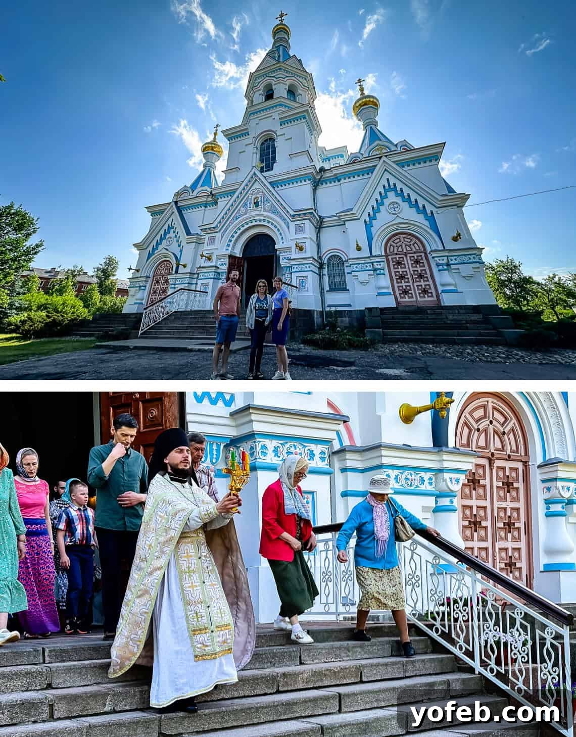 Unlock the Charm of the Baltics 22 An ornate white and blue Orthodox church interior, with a priest swinging incense during a service.