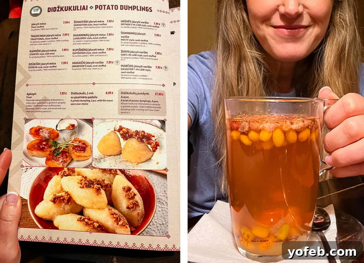 Unlock the Charm of the Baltics 27 A menu featuring various potato dumplings and a refreshing buckthorn tea.