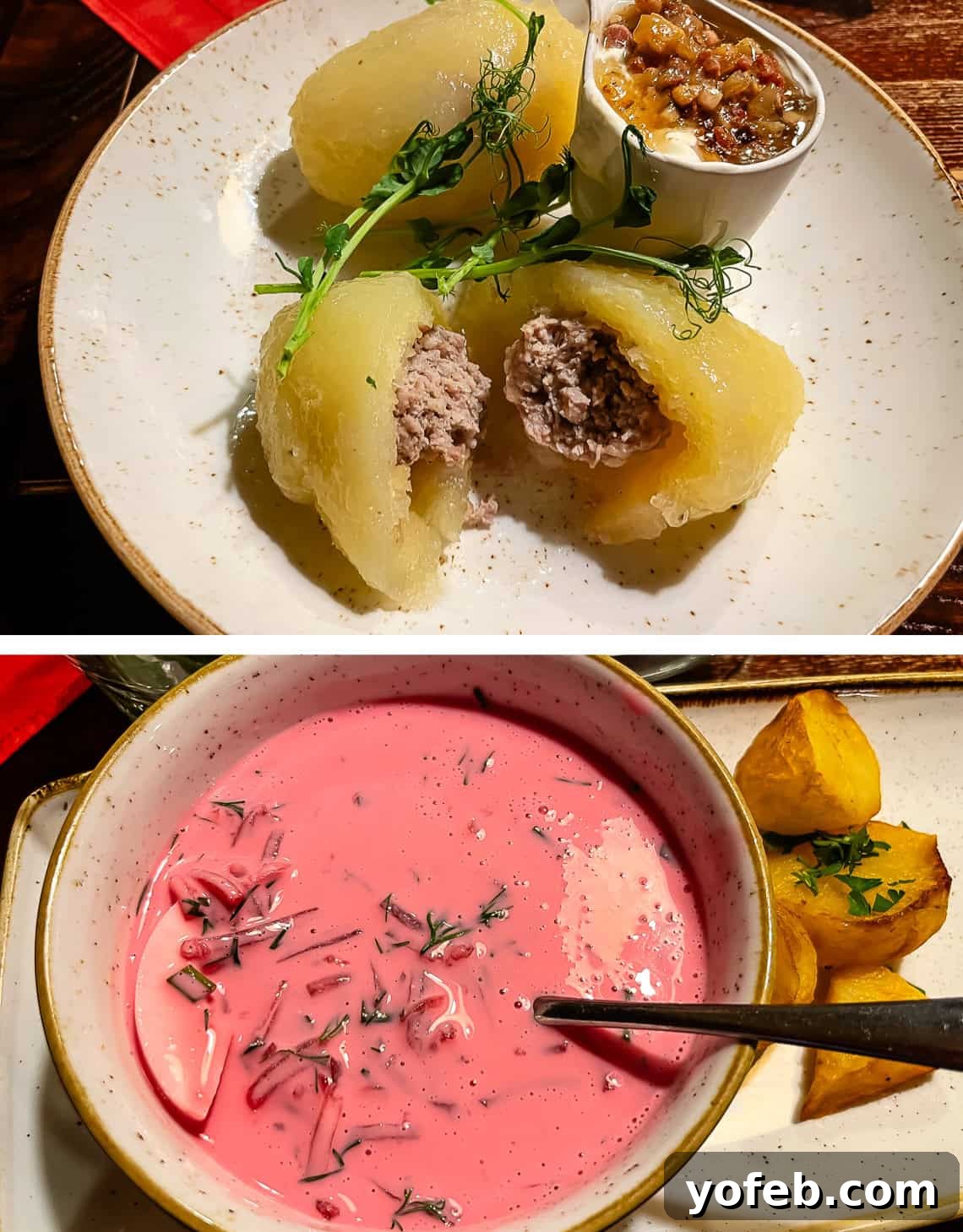 Unlock the Charm of the Baltics 28 Hearty potato dumplings with meat filling and a vibrant cold beet soup, Lithuanian culinary staples.