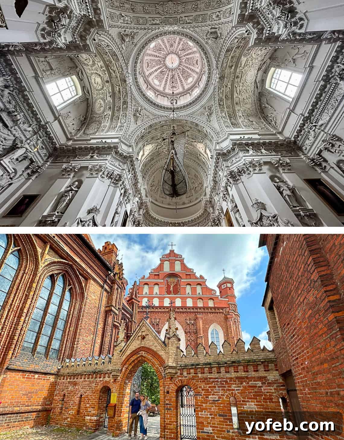 Unlock the Charm of the Baltics 29 A stunning carved church ceiling in a white cathedral, and a historic red brick church in Latvia.