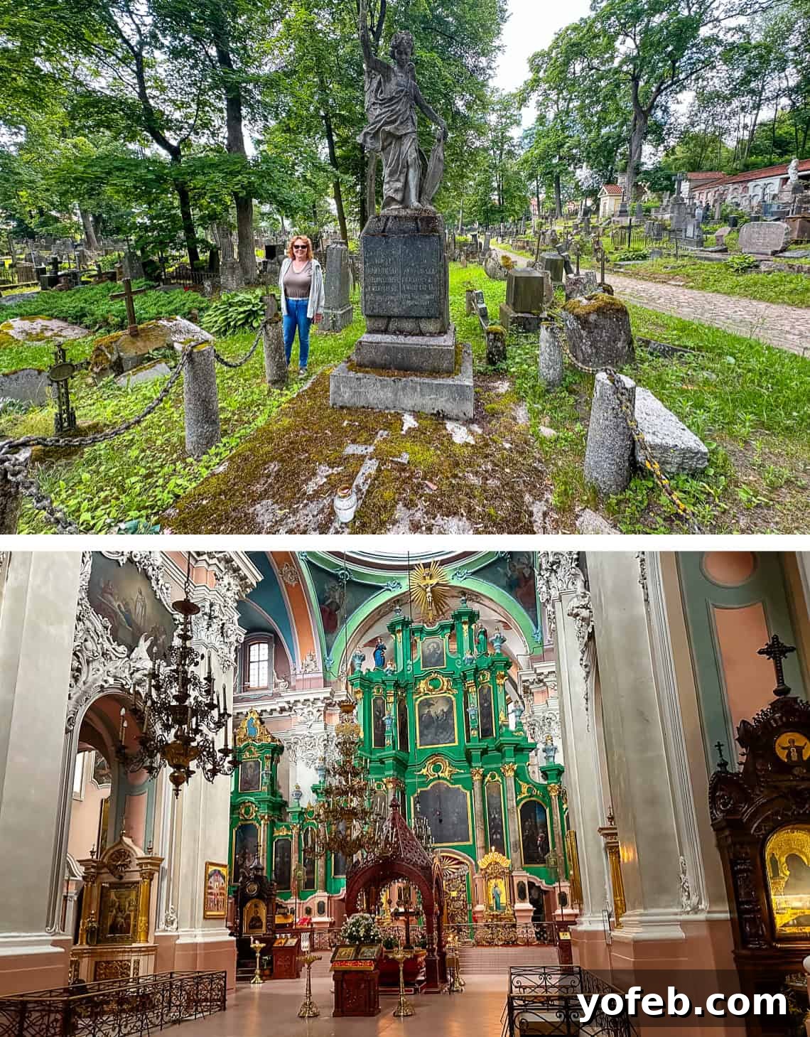 Unlock the Charm of the Baltics 30 A woman at a serene cemetery, and the colorful interior of a Russian Orthodox church.