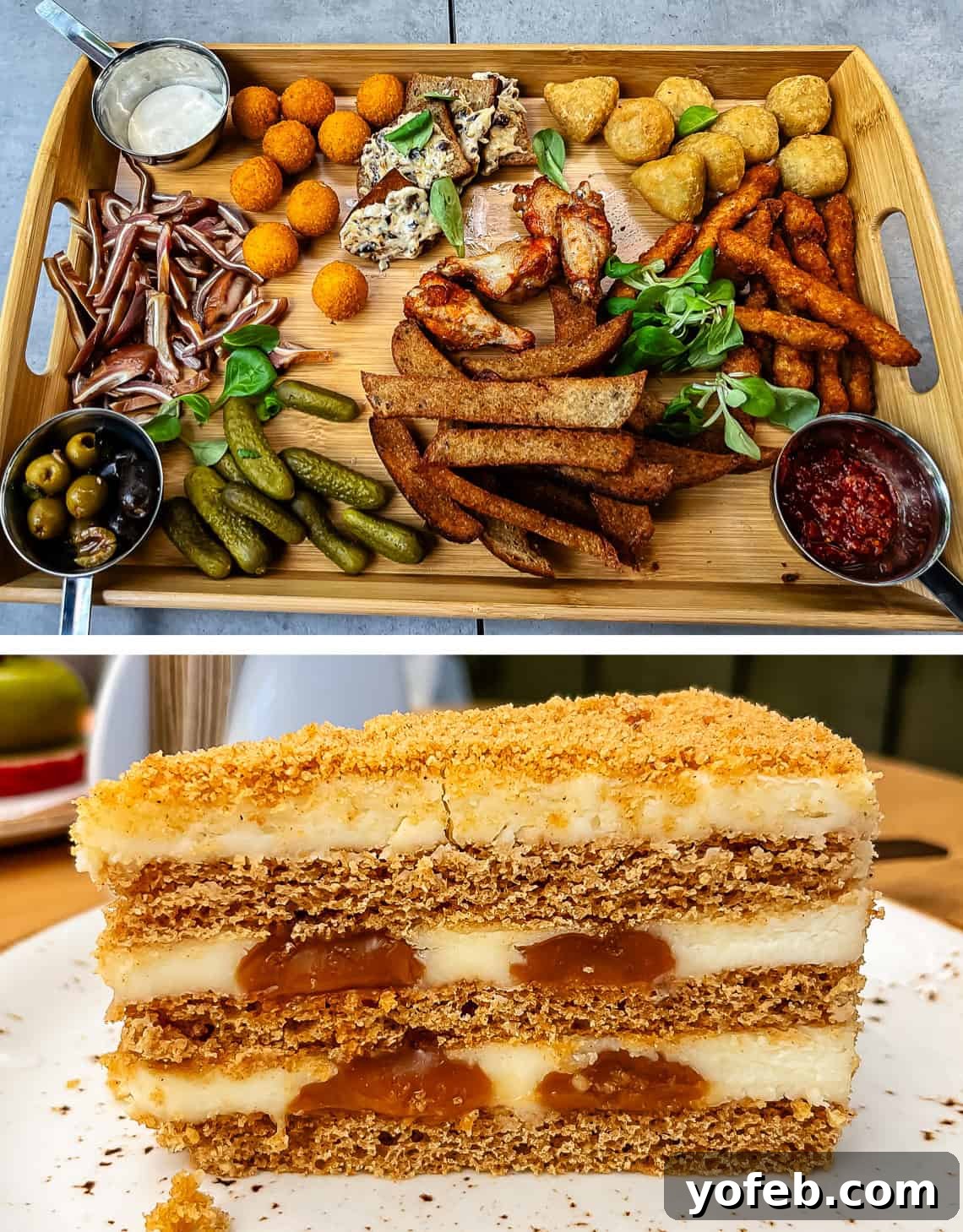 Unlock the Charm of the Baltics 32 A traditional Lithuanian appetizer platter and a slice of rich caramel cake.
