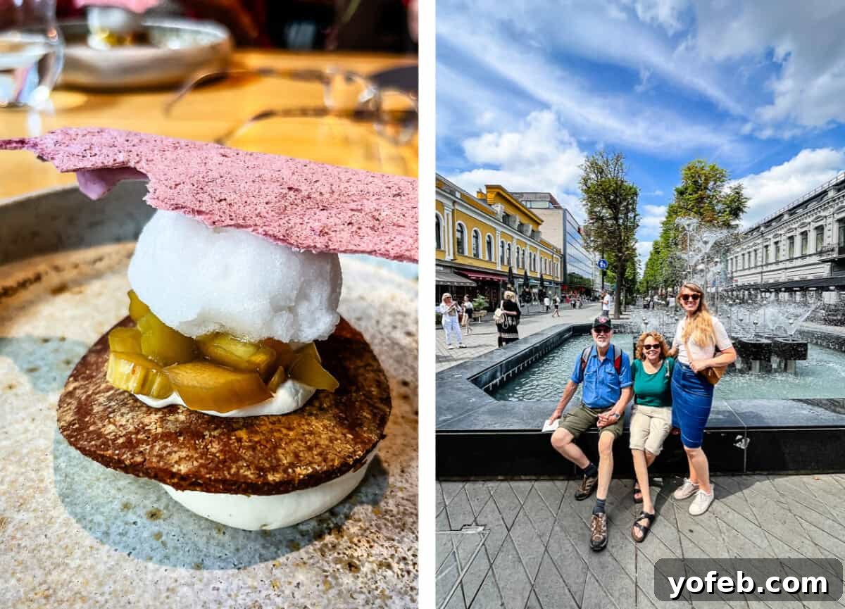 Unlock the Charm of the Baltics 37 A sophisticated rhubarb dessert and a group of people enjoying a moment by a fountain in Kaunas.