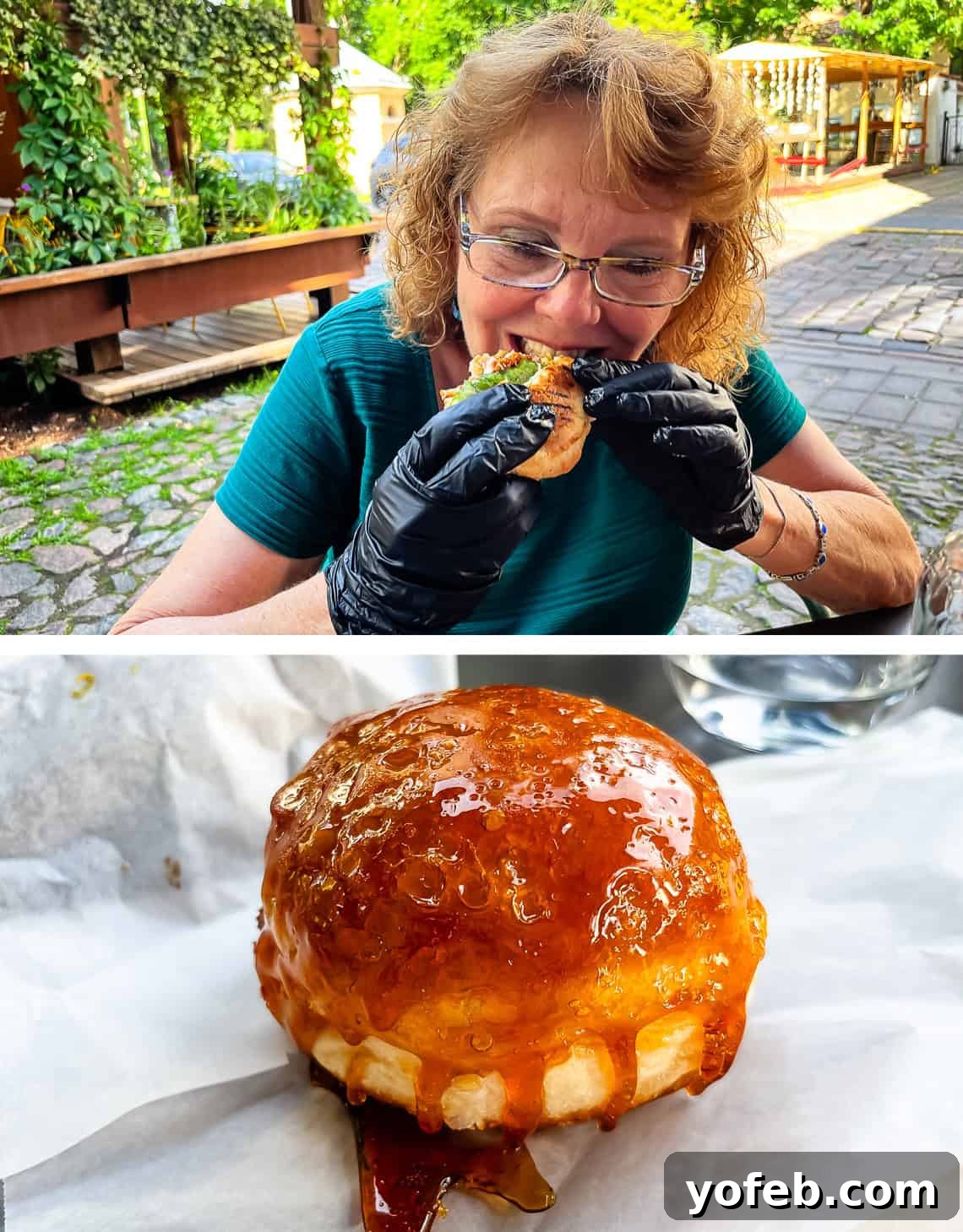 Unlock the Charm of the Baltics 39 A woman eating a hamburger with gloves, and a close-up of a delicious donut.