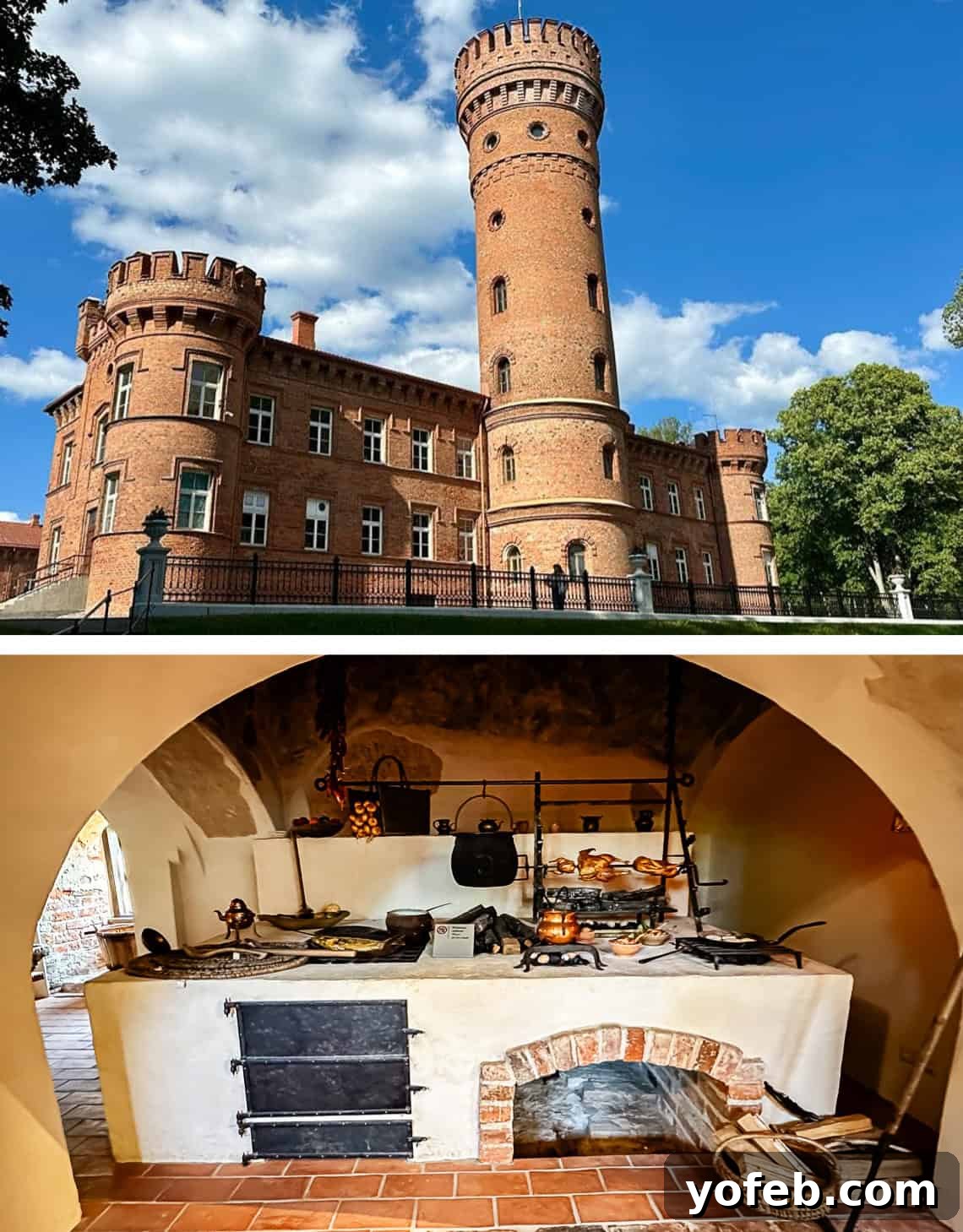 Unlock the Charm of the Baltics 45 A stunning fairytale castle with a clear blue sky, and an ancient kitchen with a traditional fire stove.