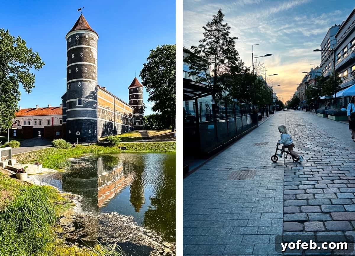 Unlock the Charm of the Baltics 46 A dark, imposing castle and a cheerful kid riding a bike at sunset.