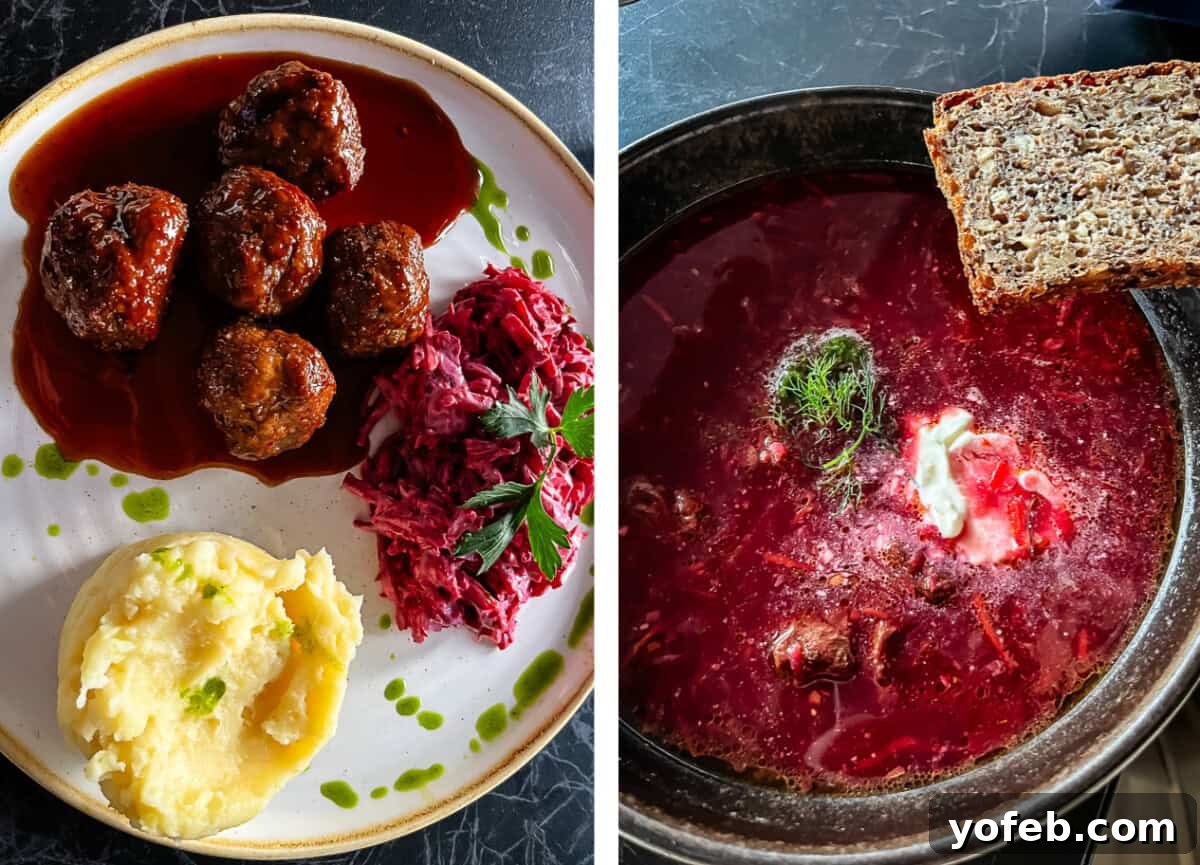 Unlock the Charm of the Baltics 47 Delicious meatballs and potatoes, paired with a vibrant borscht soup.