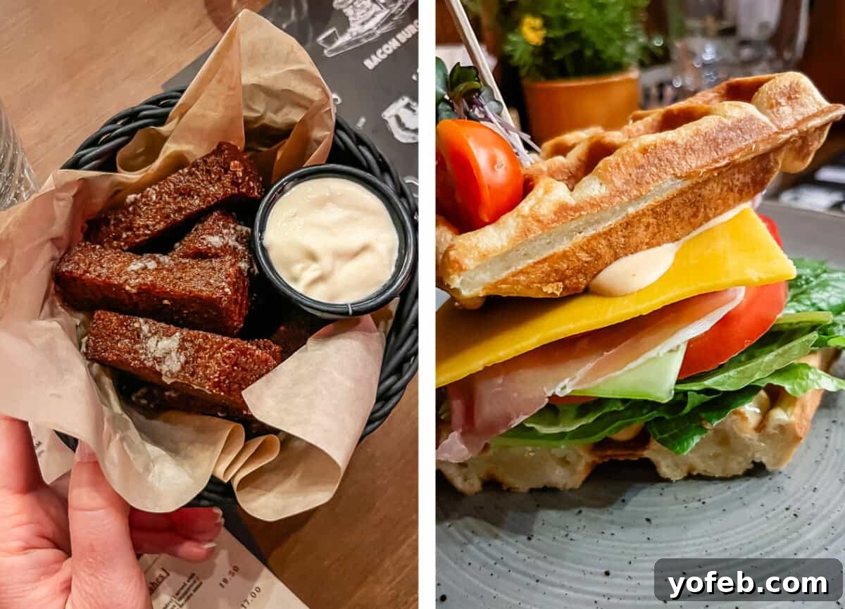 Unlock the Charm of the Baltics 53 Delicious Latvian garlic rye toasts with dipping sauce and a unique waffle burger.