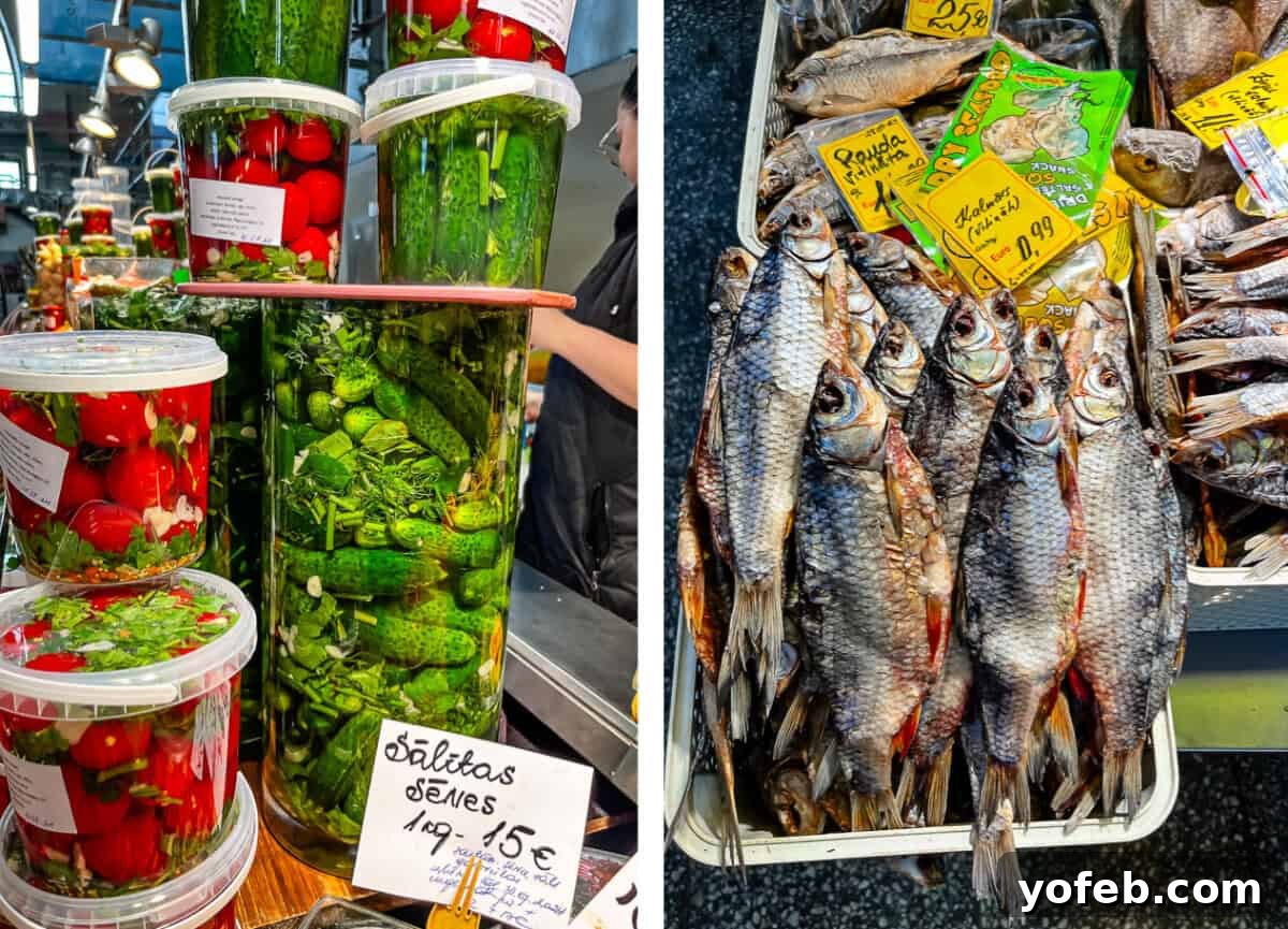 Unlock the Charm of the Baltics 55 An array of colorful pickled vegetables and various types of fish for sale at a vibrant market.
