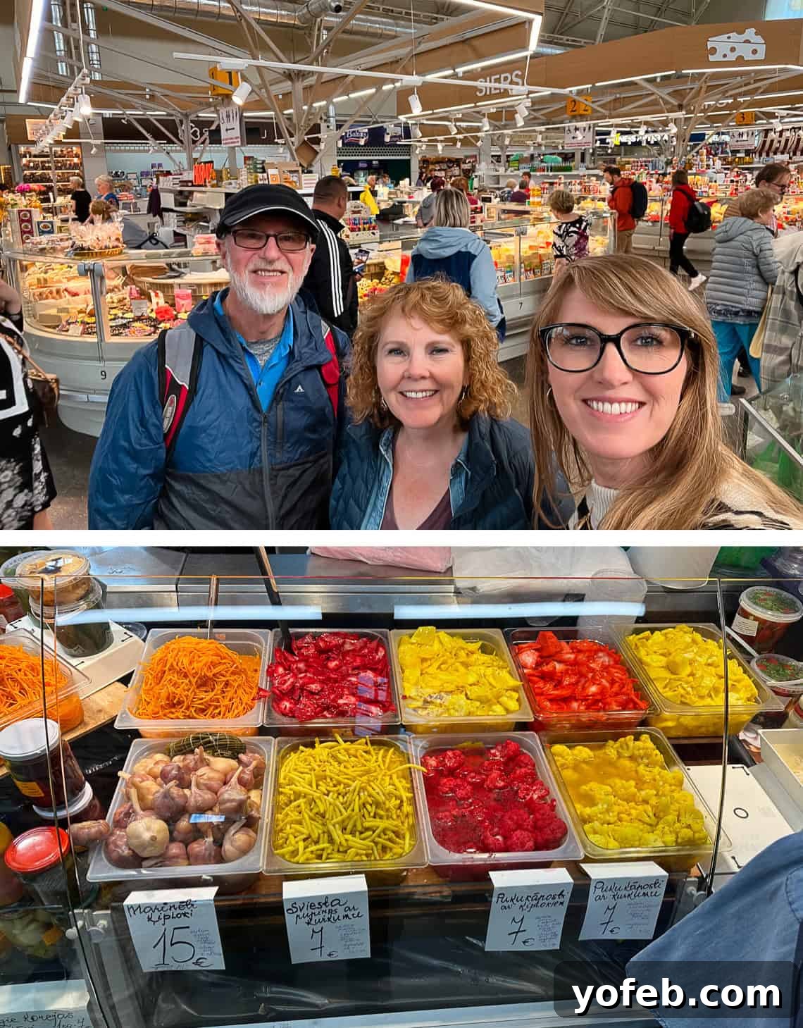 Unlock the Charm of the Baltics 57 Three people at a colorful farmers market, with displays of pickled vegetables.
