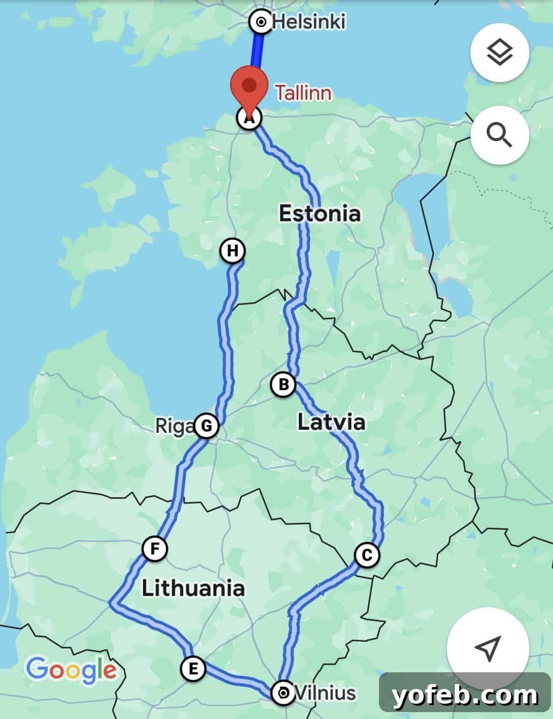 Unlock the Charm of the Baltics 7 Google Maps route showing a journey from Tallinn, Estonia, down to Vilnius, Lithuania, and then back north.