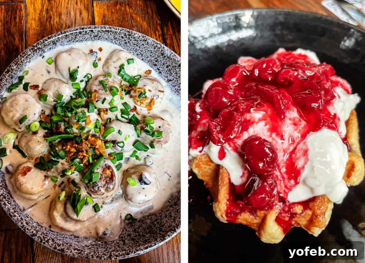 Unlock the Charm of the Baltics 70 Delicious meat dumplings and a Liege waffle with cherry topping at a modern Tallinn restaurant.