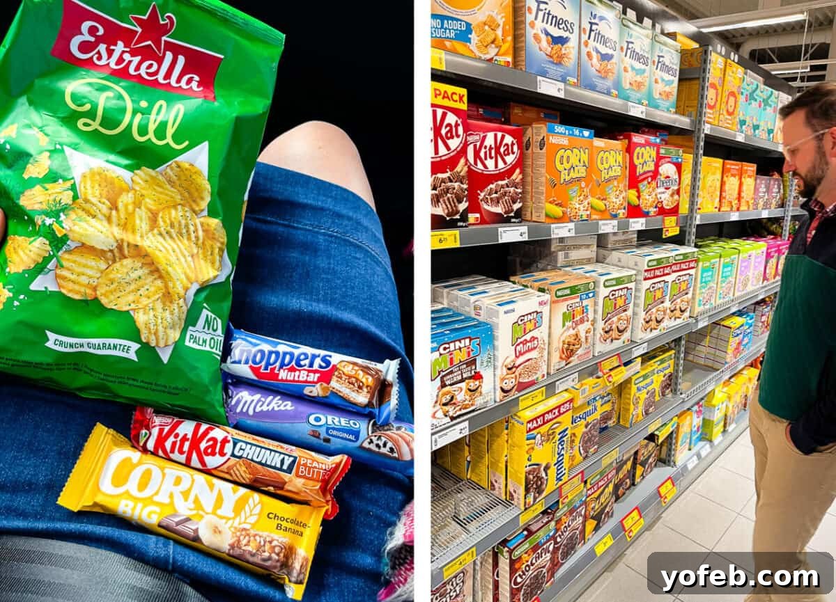 Unlock the Charm of the Baltics 78 A person's lap with various snacks, and a grocery store aisle filled with diverse cereal options.