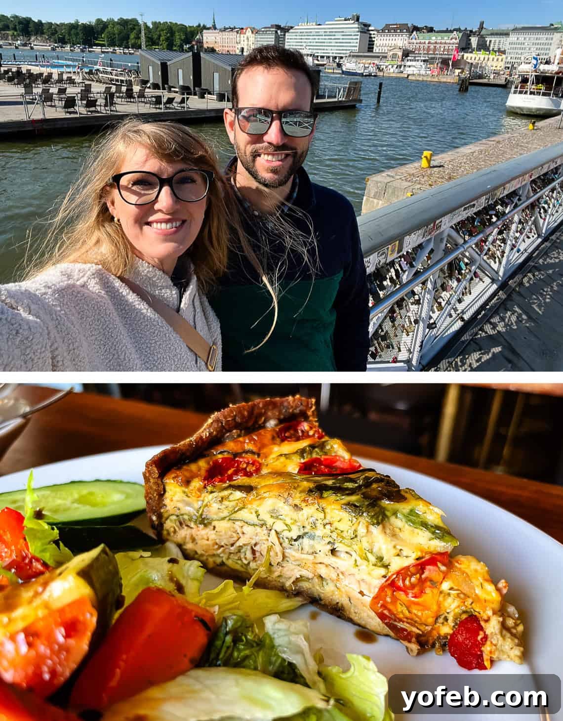 Unlock the Charm of the Baltics 79 A man and a woman in front of a scenic harbor, and a delicious quiche on a plate.