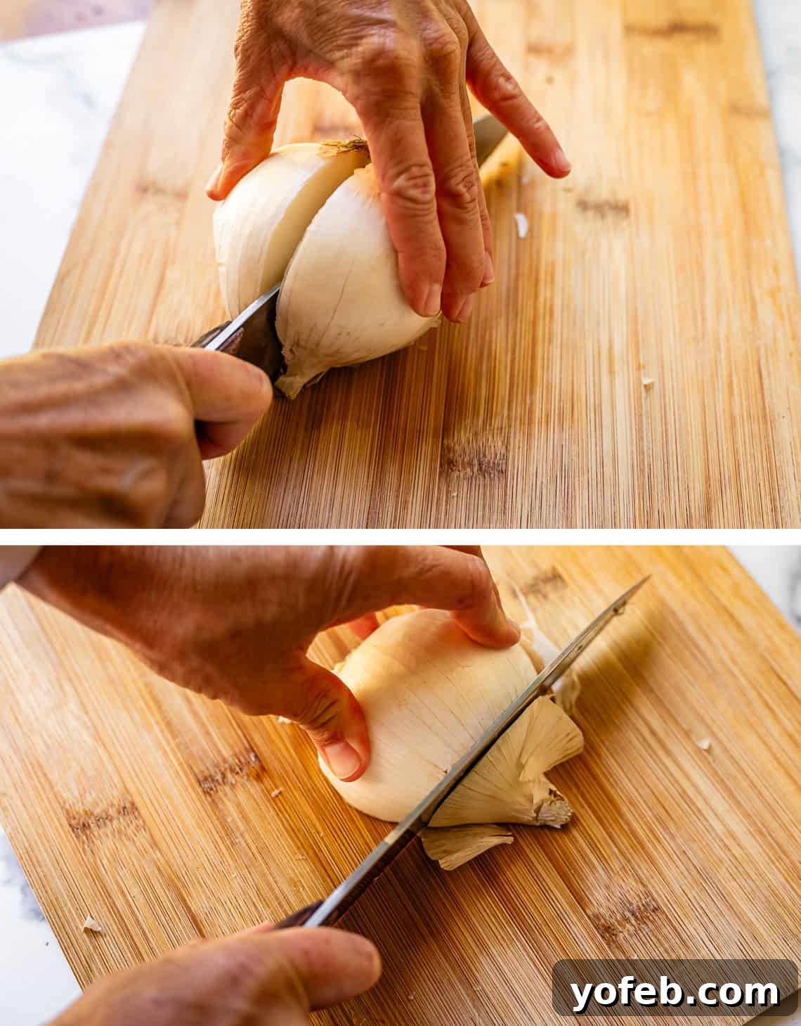 Chop Onions Like a Pro 12 top hands using a knife to cut an onion in half, bottom, cutting the end of one half.