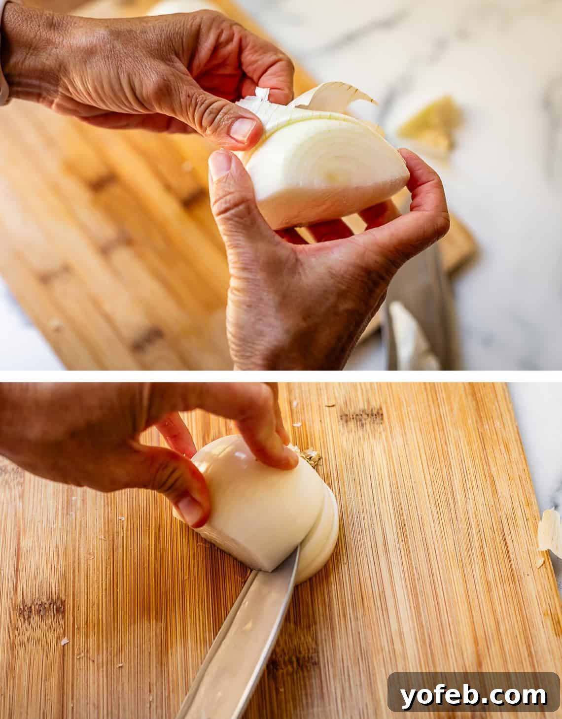 Chop Onions Like a Pro 13 top hands peeling skin off half an onion, bottom making angled cuts into the onion half.
