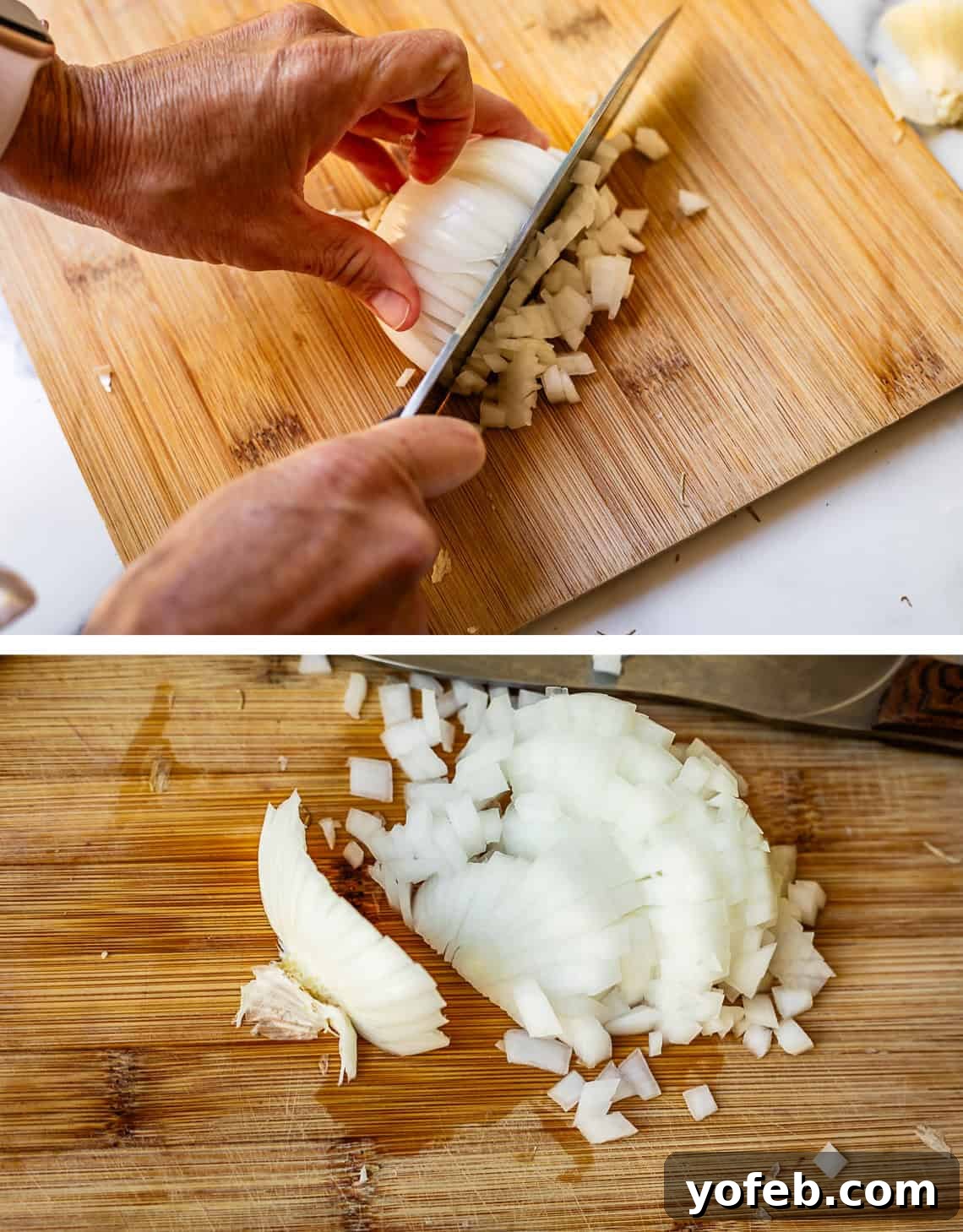Chop Onions Like a Pro 15 top hand holding onion together while right hand uses knife to cut through onion.