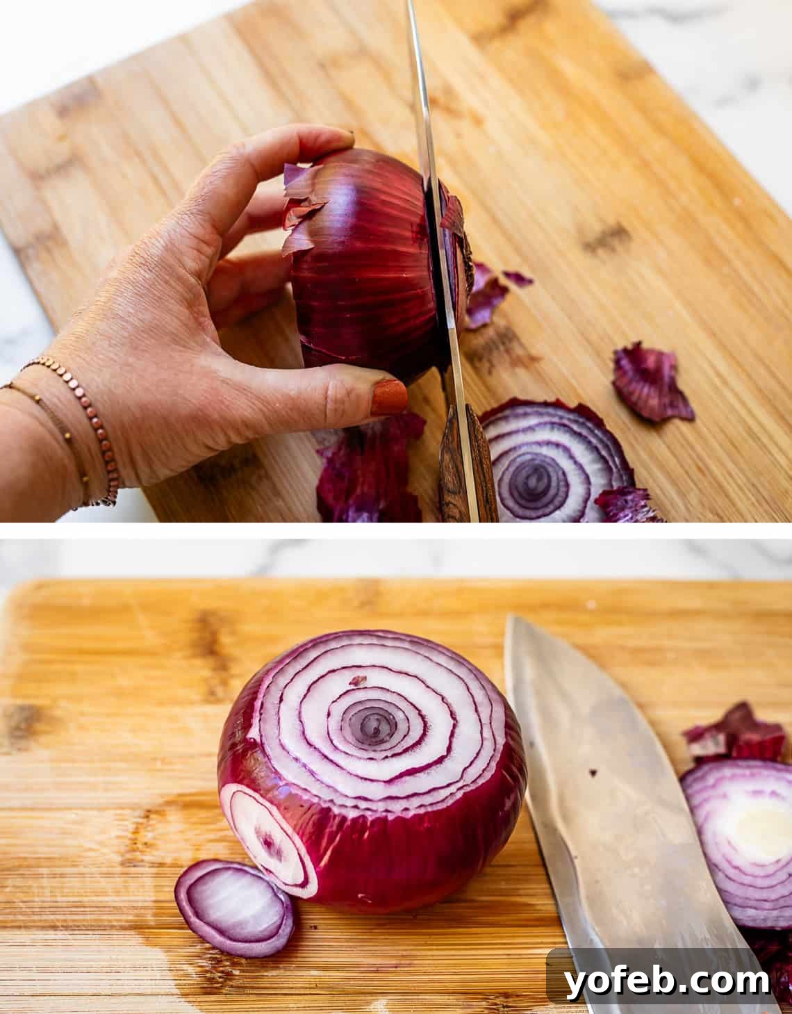 Chop Onions Like a Pro 16 top knife cutting off end of red onion, bottom, red onion showing slices cut from side.