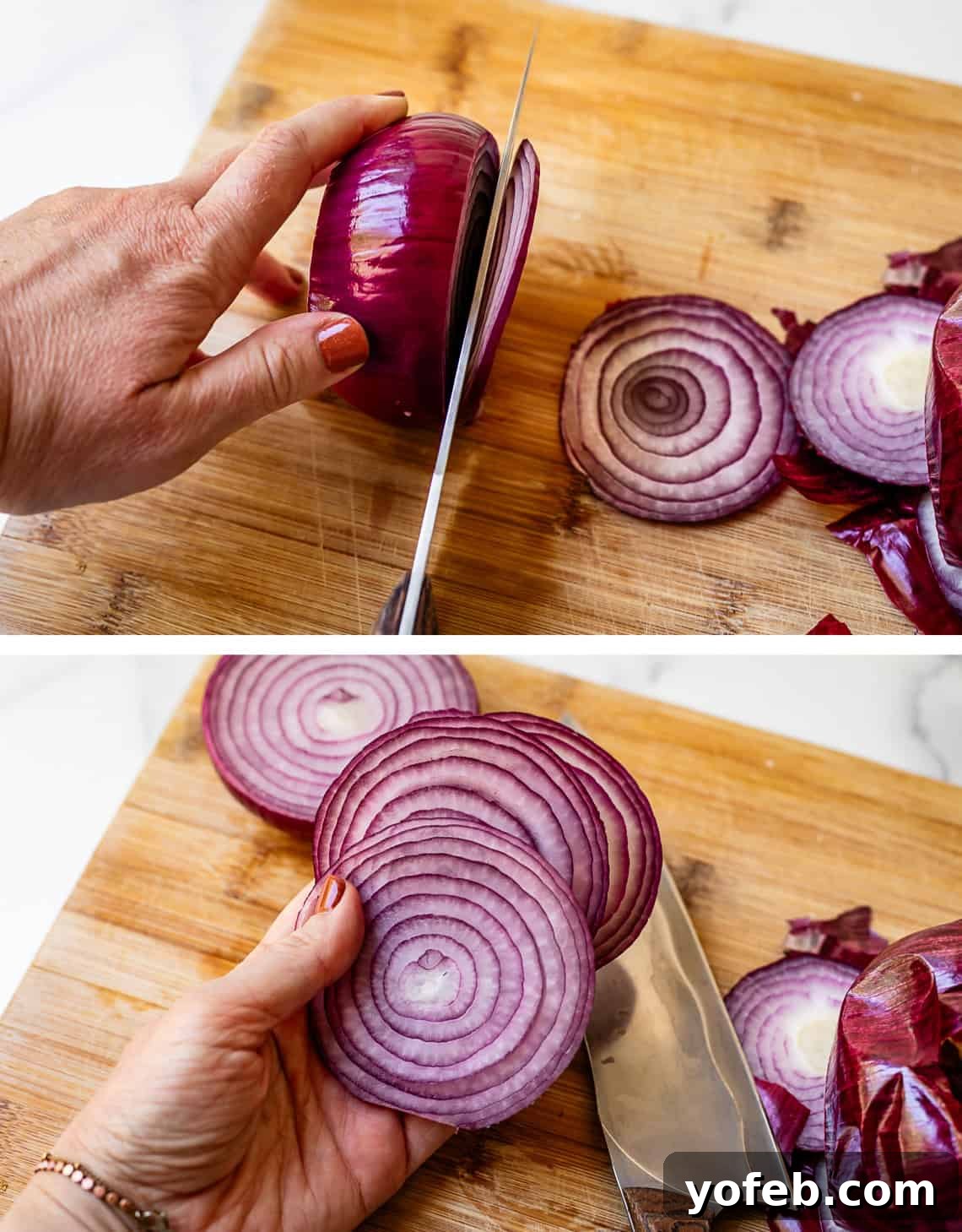 Chop Onions Like a Pro 17 top hand holding a red onion while knife cuts slices, bottom hand holding multiple slices.