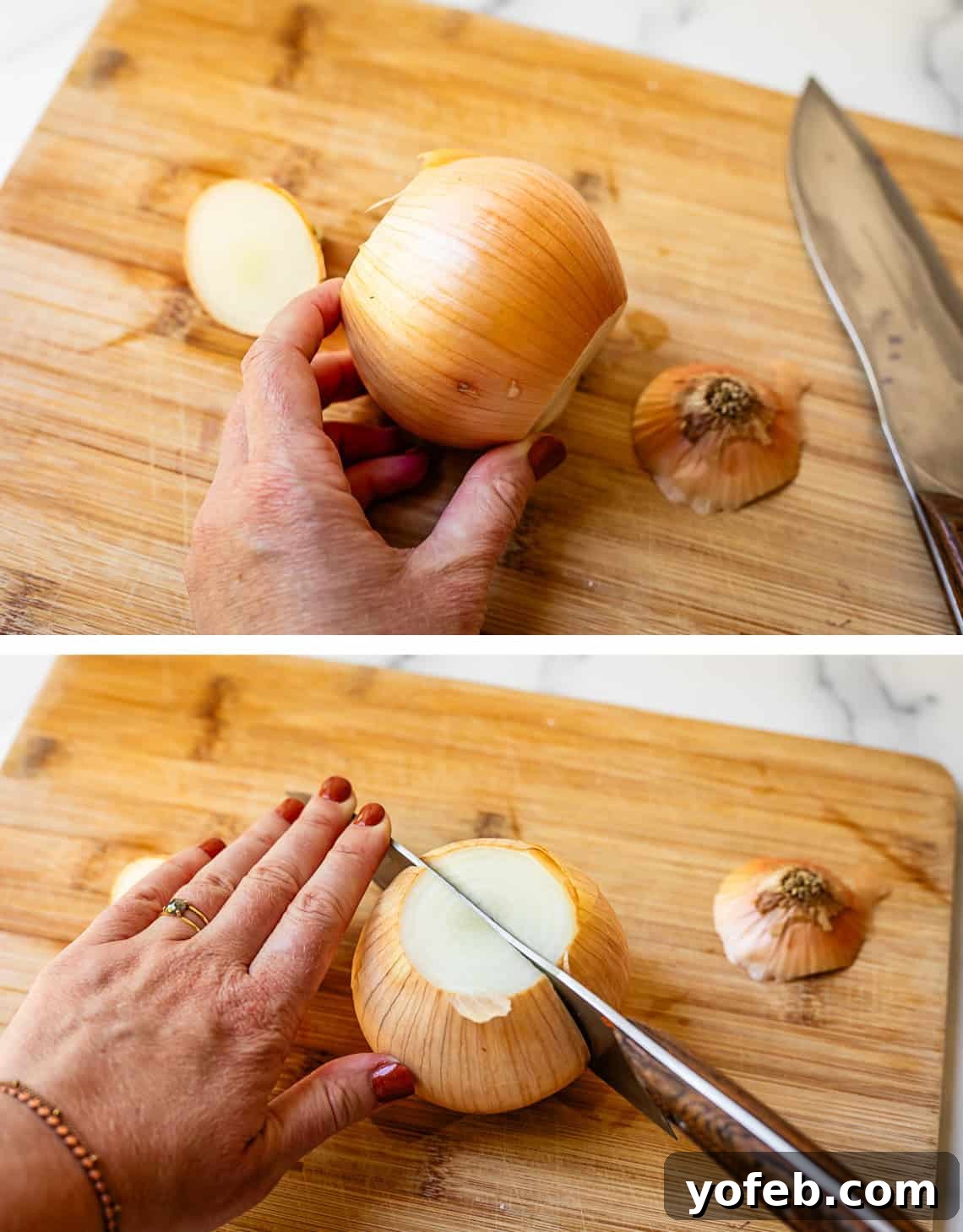 Chop Onions Like a Pro 6 top onion with skin on but ends cut off, bottom knife cutting same onion in half.