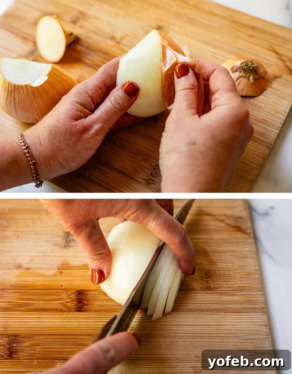 Chop Onions Like a Pro 7 top hands removing papery skin from onion half, bottom knife cutting slices into it.