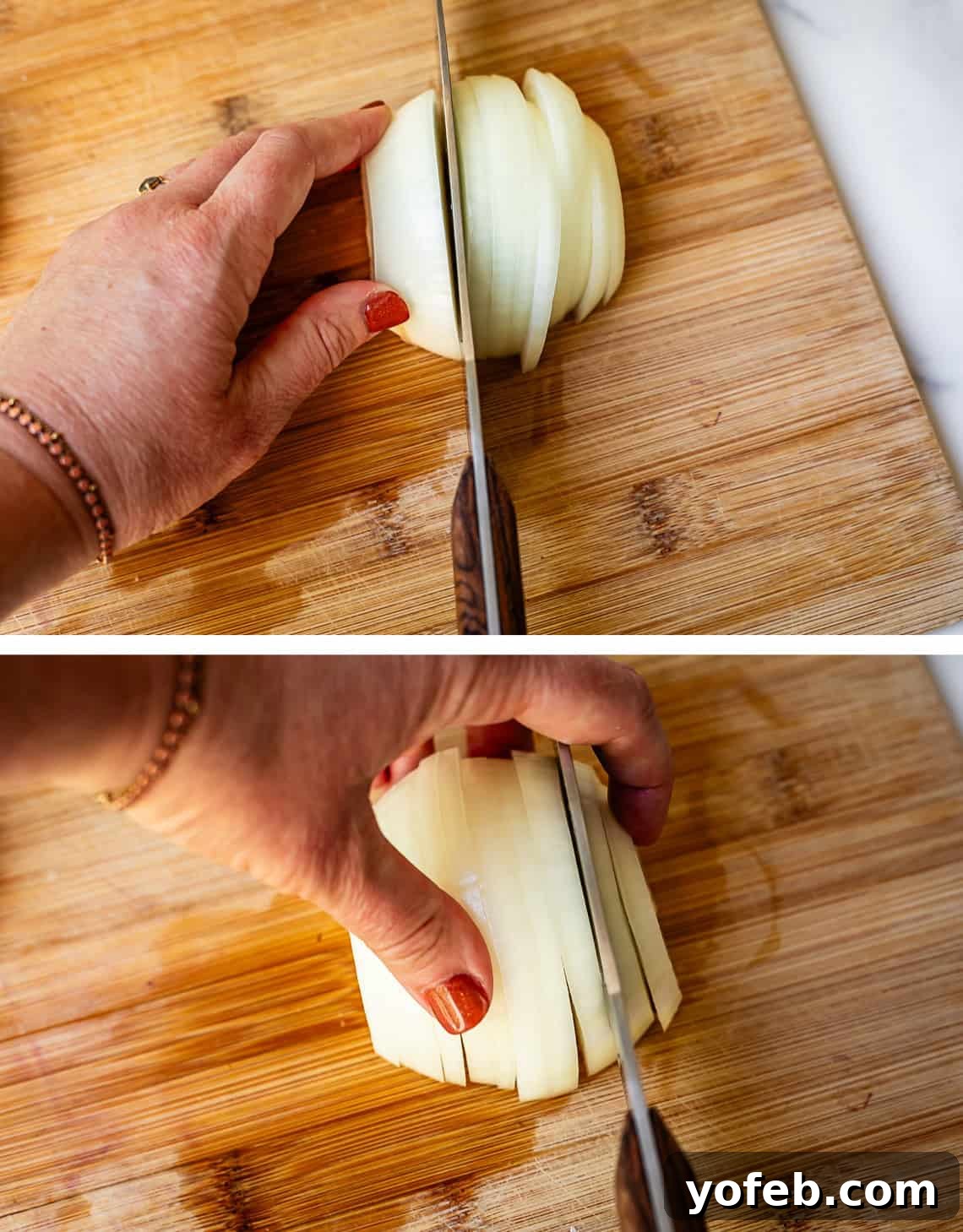 Chop Onions Like a Pro 8 hand holding half an onion that is being sliced, bottom, hand holding the slices together.
