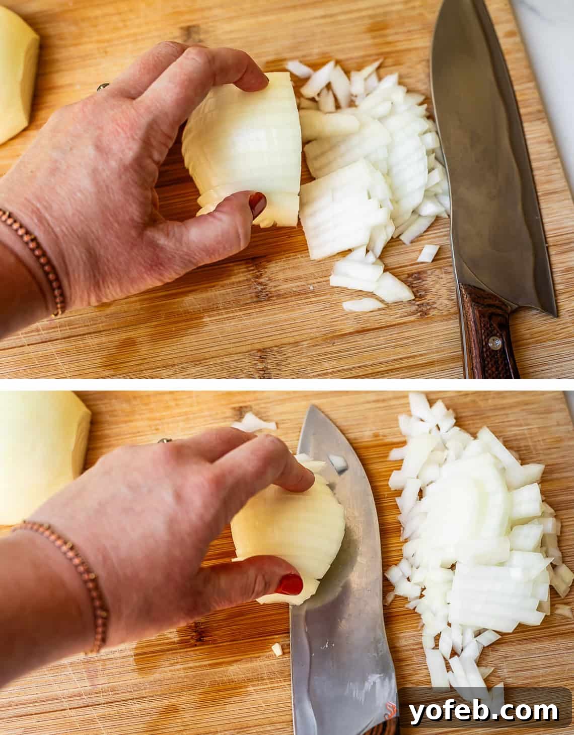 Chop Onions Like a Pro 9 a left hand holding half on onion on a cutting board while slicing it with a chefs knife.