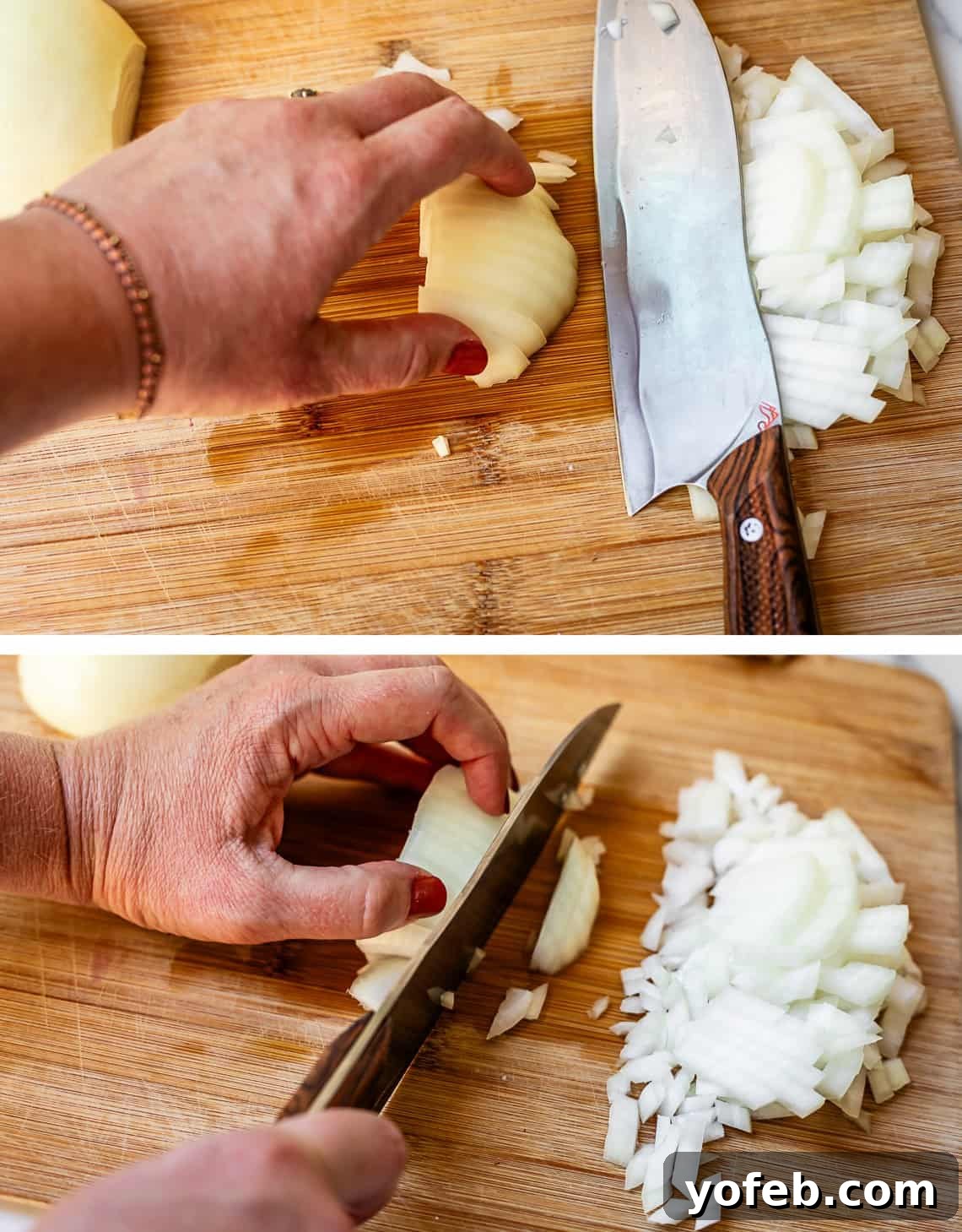 Chop Onions Like a Pro 10 holding a sliced onion, ready to dice, then chopping it with a chef's knife.