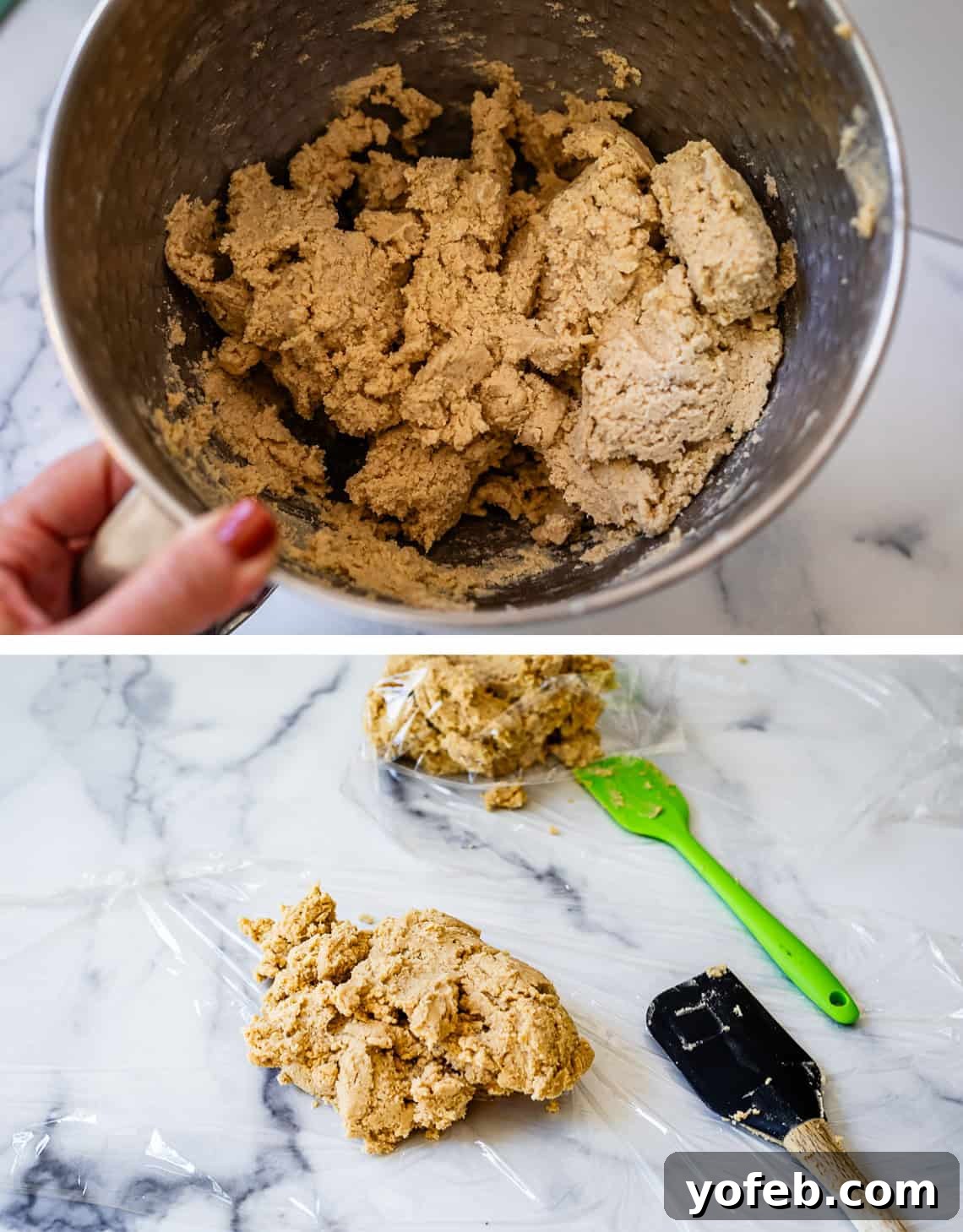 Melt-in-Your-Mouth Linzer Delights 11 Top image shows the perfectly blended cookie dough in a mixing bowl after all ingredients are combined. Bottom image illustrates the dough being carefully portioned onto sheets of plastic wrap for chilling.