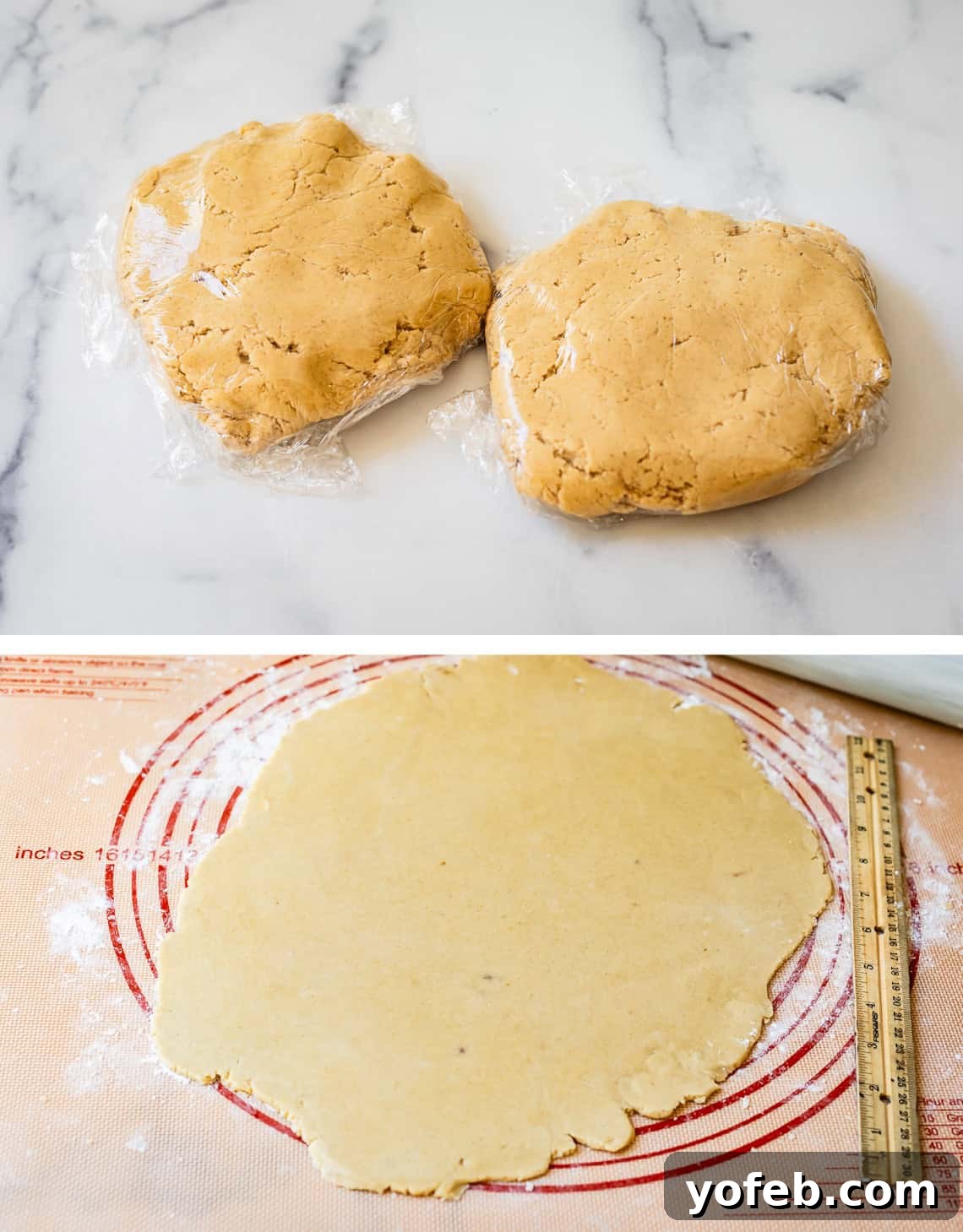 Melt-in-Your-Mouth Linzer Delights 12 Top image displays two prepared dough discs neatly wrapped in plastic, ready for chilling. Bottom image shows one of the dough discs expertly rolled out to a thin, even consistency.