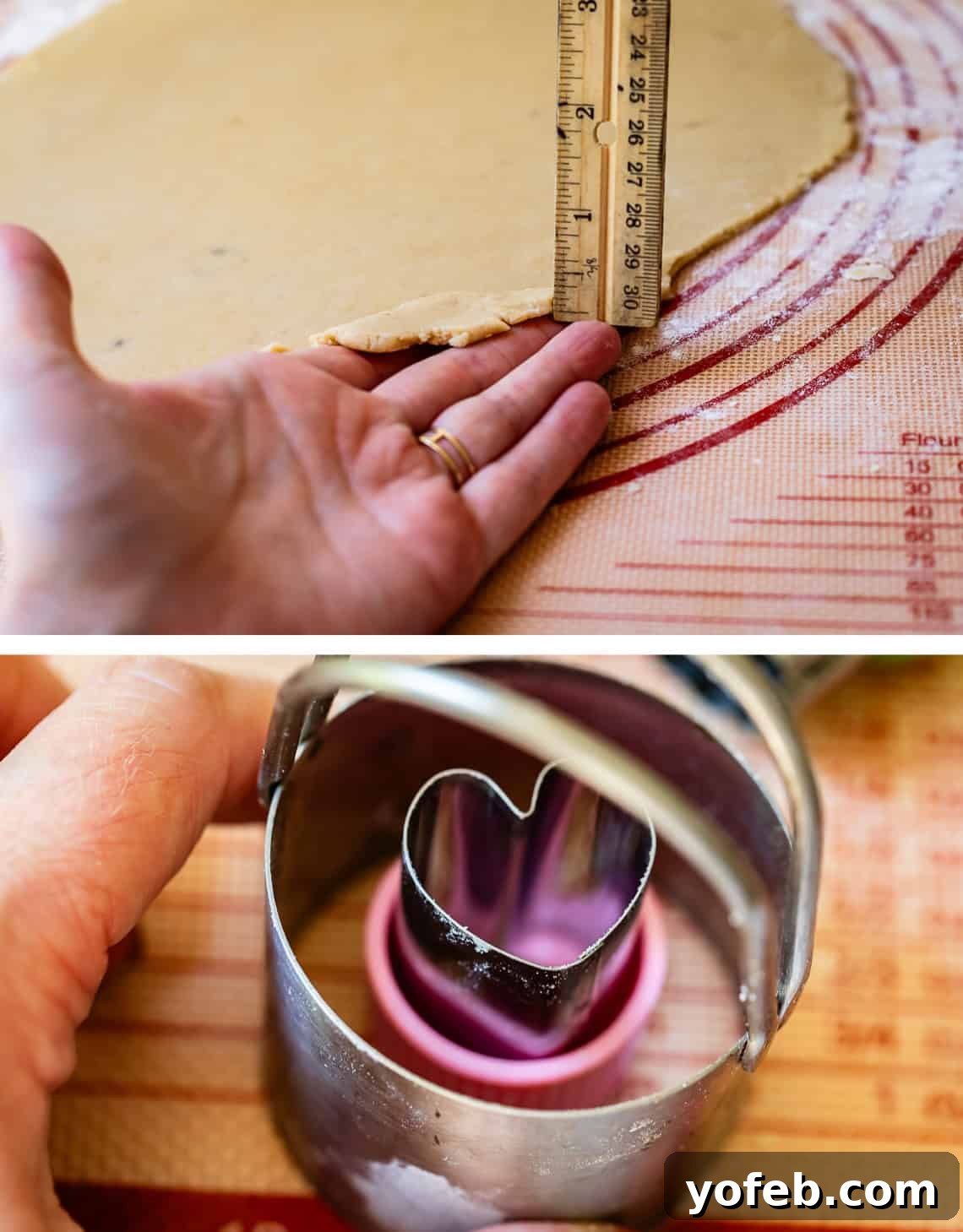 Melt-in-Your-Mouth Linzer Delights 13 Top image features a ruler demonstrating the precise 1/8 inch thickness of the rolled-out cookie dough. Bottom image showcases a selection of festive cookie cutters ready for use.