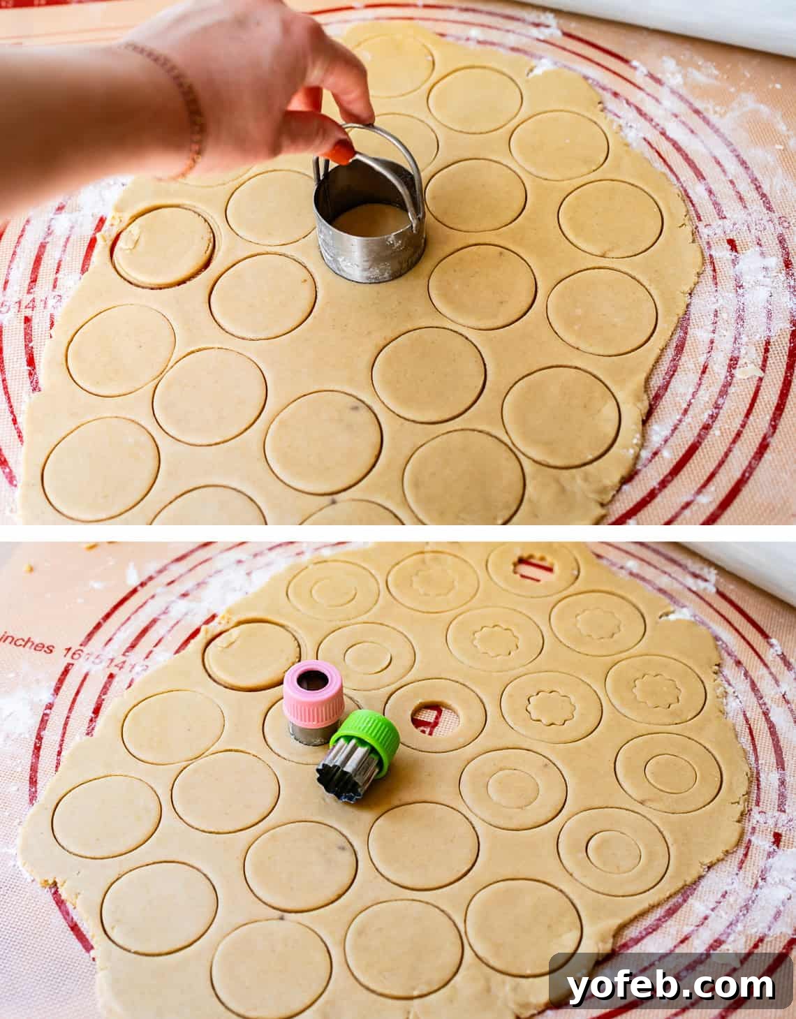 Melt-in-Your-Mouth Linzer Delights 14 Top image captures the process of cutting out a 2-inch circle from the delicate cookie dough. Bottom image shows a smaller, decorative cutter being used to create a center design in half of the larger cookie shapes.