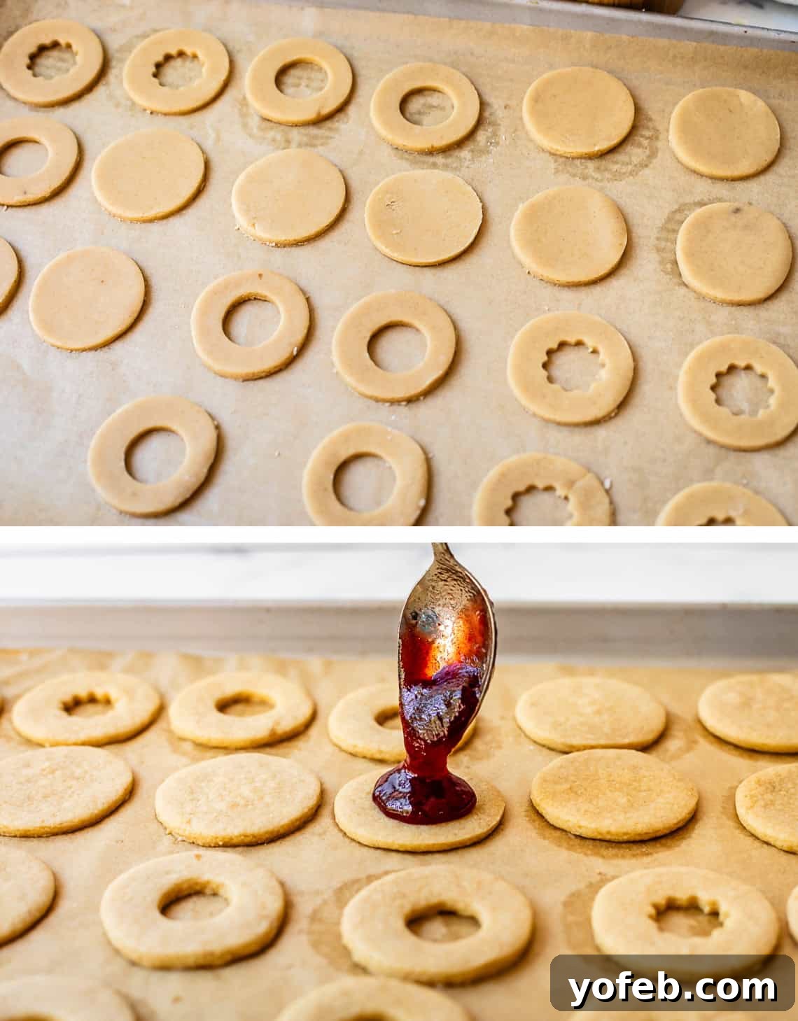 Melt-in-Your-Mouth Linzer Delights 15 Top image displays raw cookie dough meticulously arranged on a baking pan, ready for the oven. Bottom image shows a spoon delicately adding jam to the center of a freshly baked Linzer cookie base.
