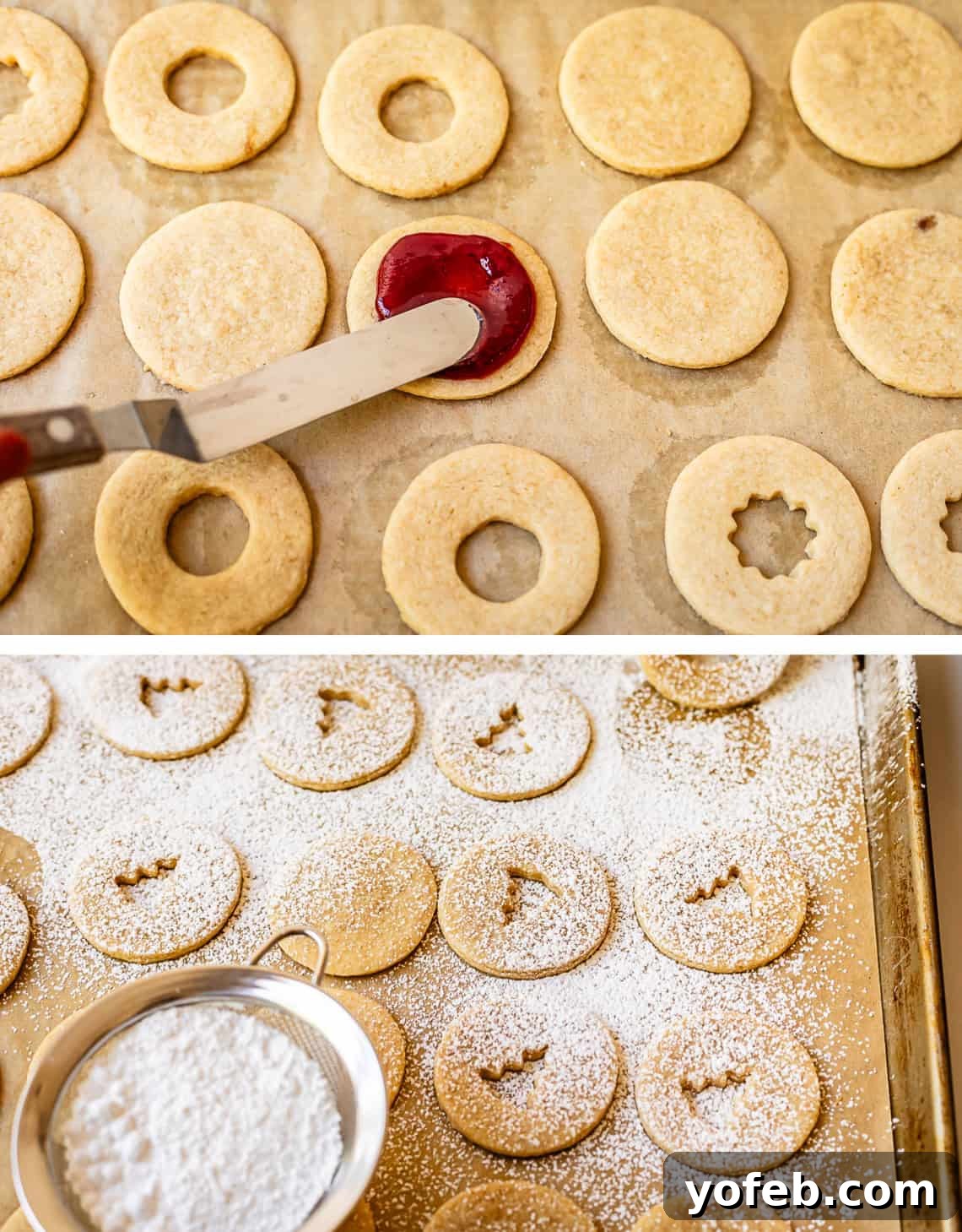 Melt-in-Your-Mouth Linzer Delights 16 Top image shows a small spatula expertly spreading vibrant jam onto a baked Linzer cookie. Bottom image captures the delicate process of sifting powdered sugar over the decorative top cookies, ready for assembly.
