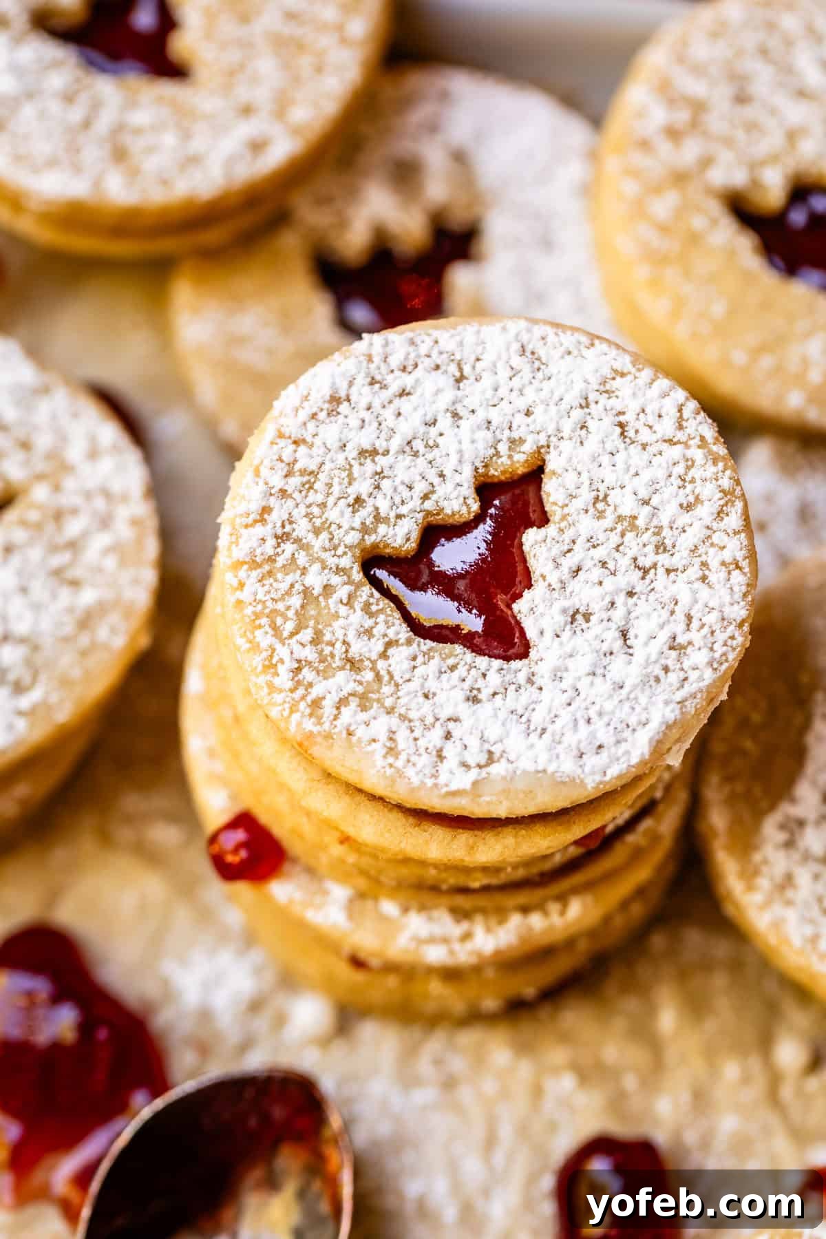 Melt-in-Your-Mouth Linzer Delights 19 A close-up of a beautifully decorated Linzer cookie with a festive cutout, highlighting its delicate texture and vibrant jam filling.