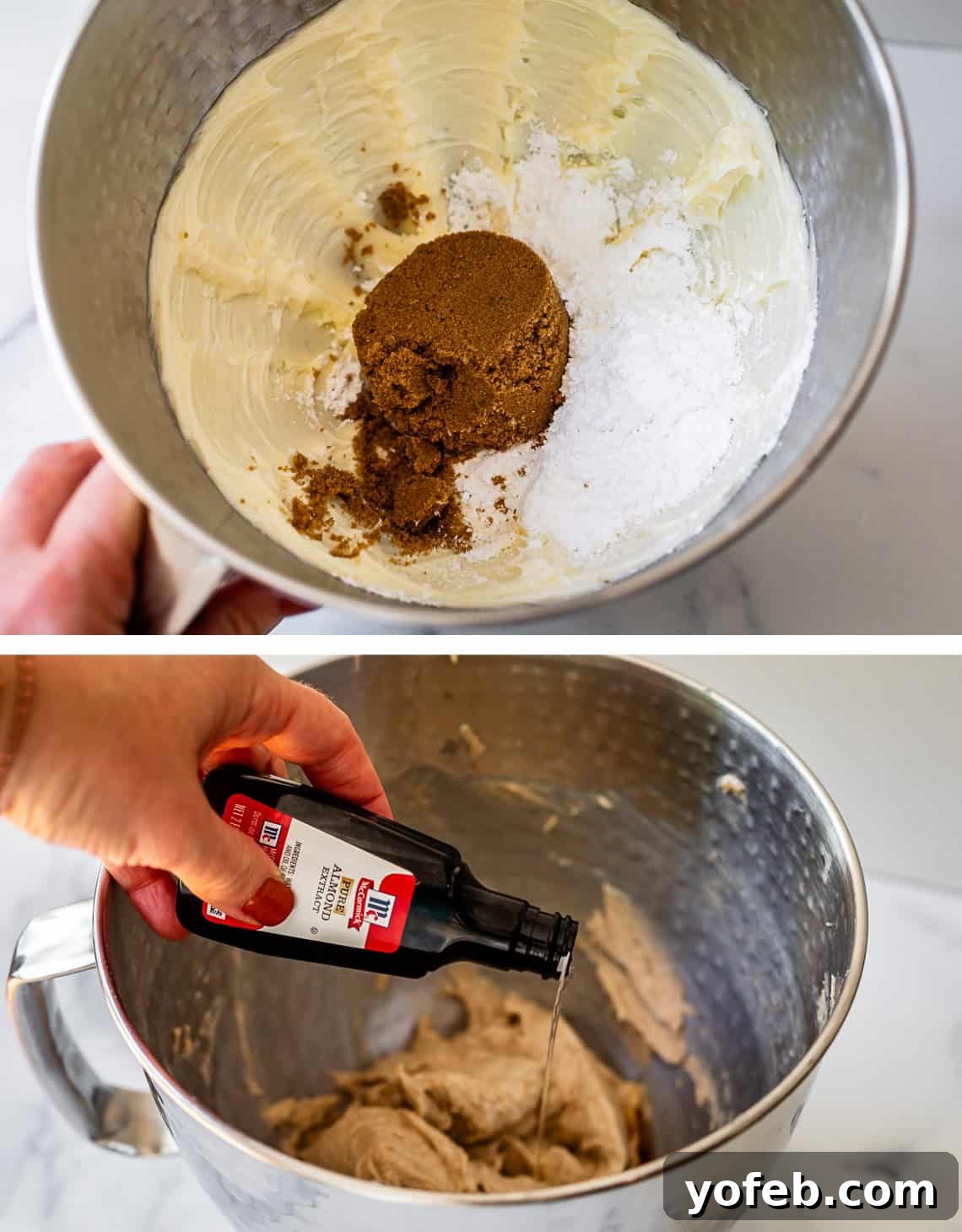Melt-in-Your-Mouth Linzer Delights 9 Top image shows butter and sugars creaming together in a mixing bowl. Bottom image captures a hand pouring almond extract from a bottle into the mixture, highlighting a key flavor addition.