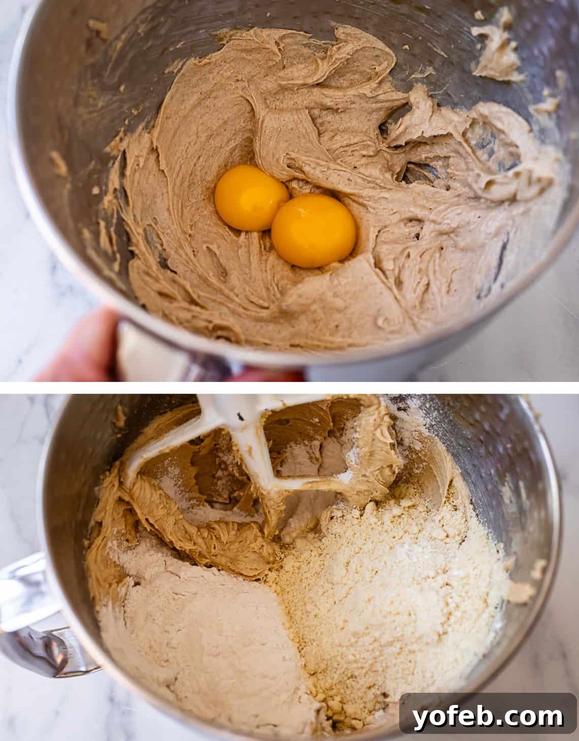 Melt-in-Your-Mouth Linzer Delights 10 Top image shows glossy egg yolks incorporated into the cookie dough. Bottom image displays almond and all-purpose flours meticulously added to the mixing bowl, ready to be combined.