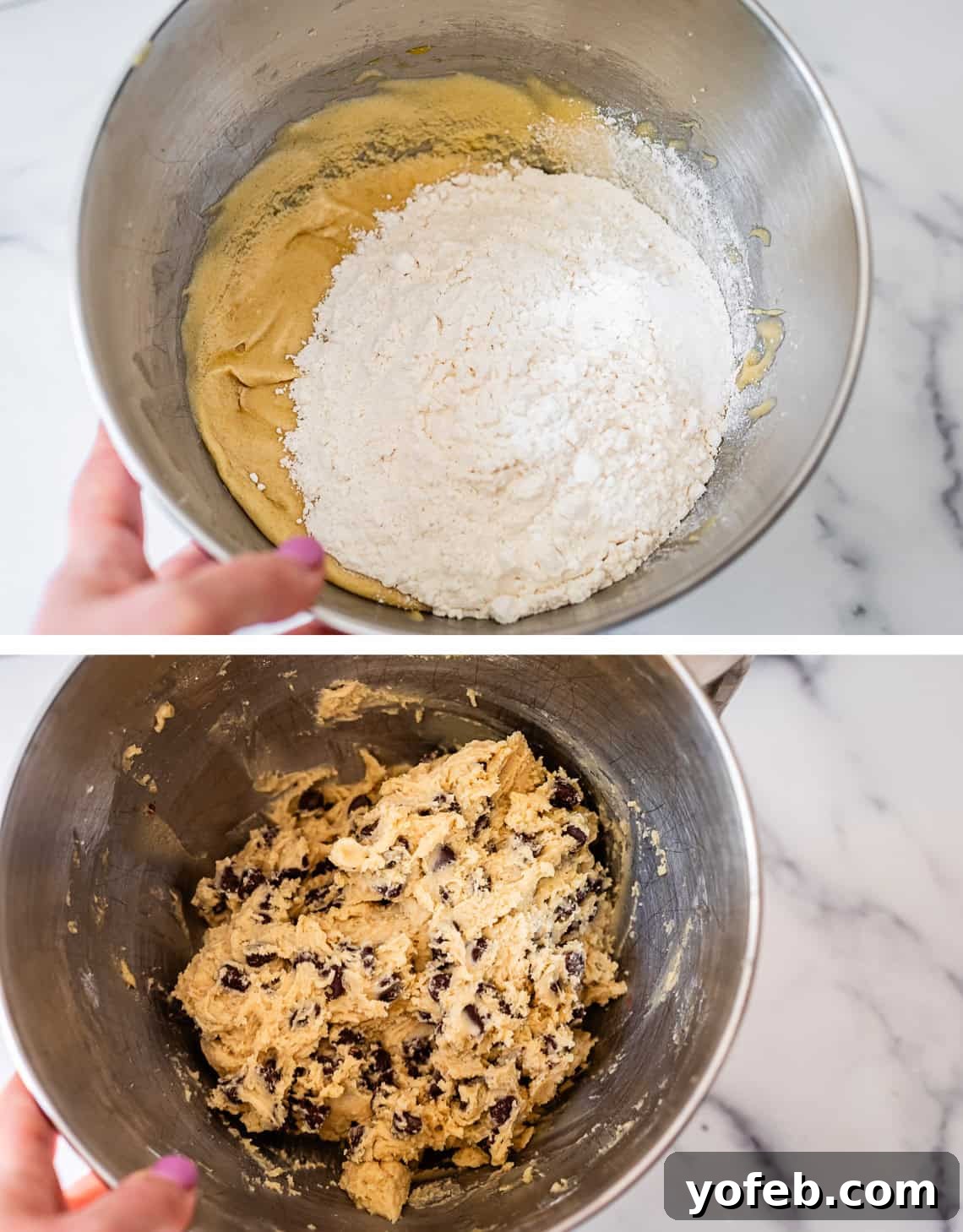 The Biscotti That Will Change Your Mind 11 Two-part image illustrating dough preparation: top, dry ingredients added to wet; bottom, fully mixed dough with chocolate chips incorporated.