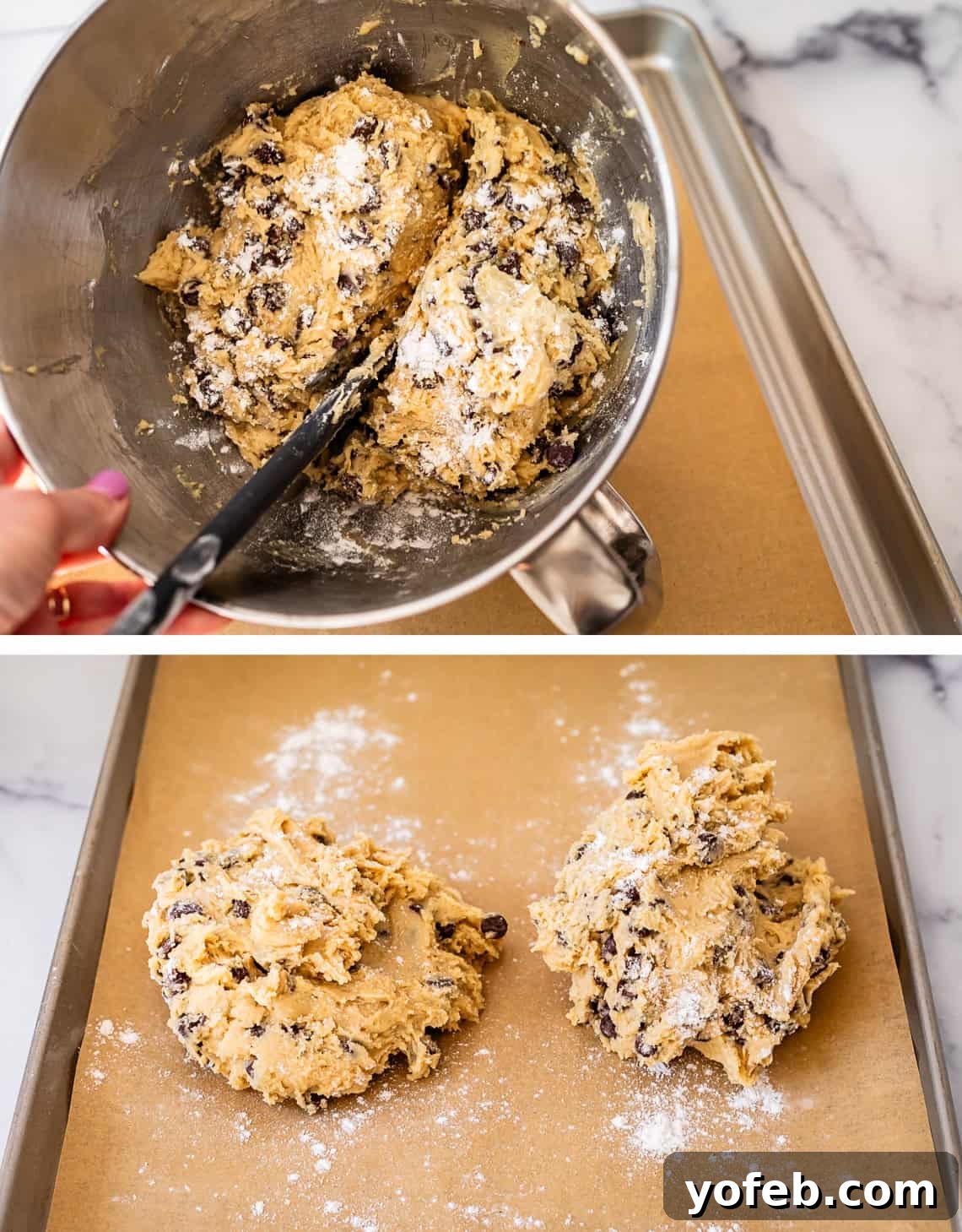 The Biscotti That Will Change Your Mind 12 Two-part image showing dough transfer: top, a spatula dividing dough in half in a mixing bowl; bottom, the two dough halves neatly placed on a baking sheet.