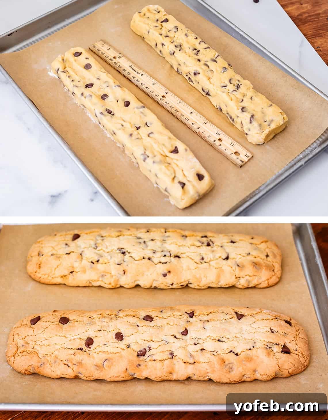 The Biscotti That Will Change Your Mind 13 Two-part image: top, two elongated, flattened rectangles of unbaked cookie dough; bottom, the same two loaves after their first bake, golden brown and slightly cracked.
