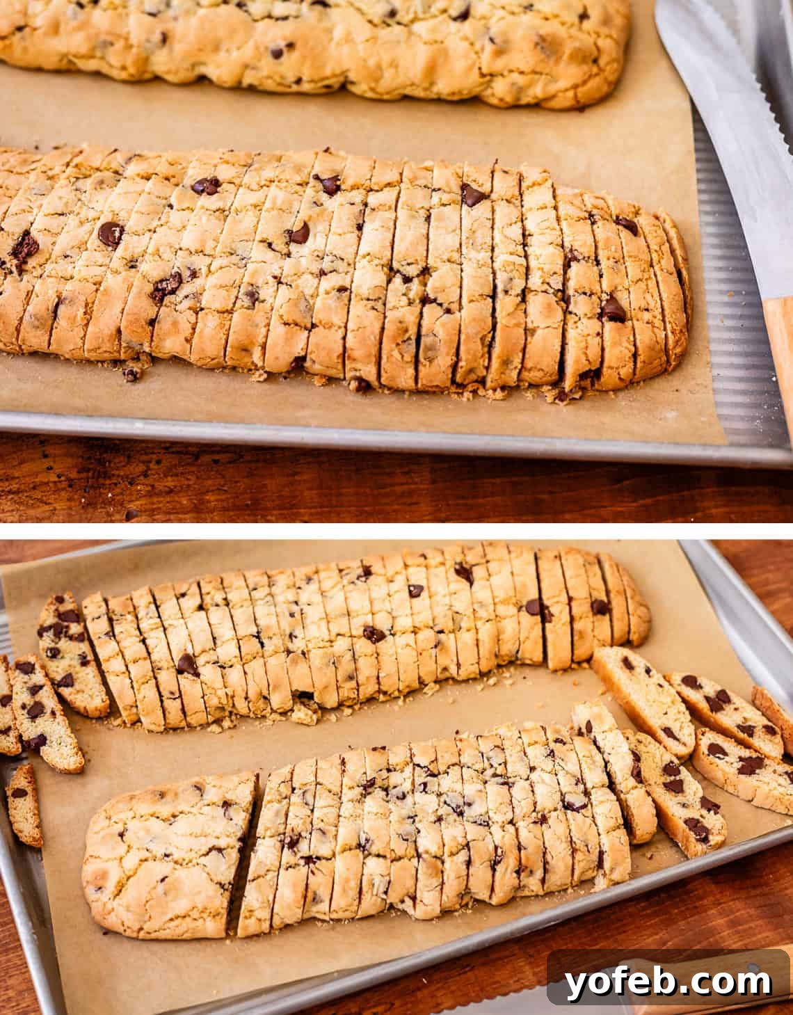The Biscotti That Will Change Your Mind 14 A close-up view showcasing precise diagonal cuts made into the partially baked dough logs, transforming them into individual biscotti pieces.