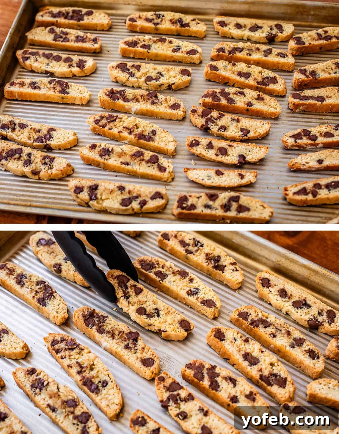 The Biscotti That Will Change Your Mind 15 Two-part image showing the second bake process: top, thin, cut biscotti pieces neatly arranged on a baking sheet; bottom, tongs gently flipping a biscotti to ensure even toasting.