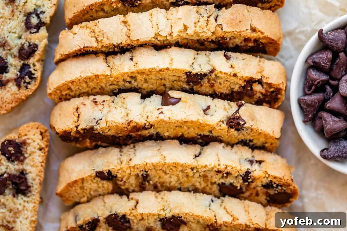The Biscotti That Will Change Your Mind 18 A close-up view of several stacked pieces of impeccably baked biscotti, nestled next to a small bowl of chocolate chips, highlighting their delightful texture.