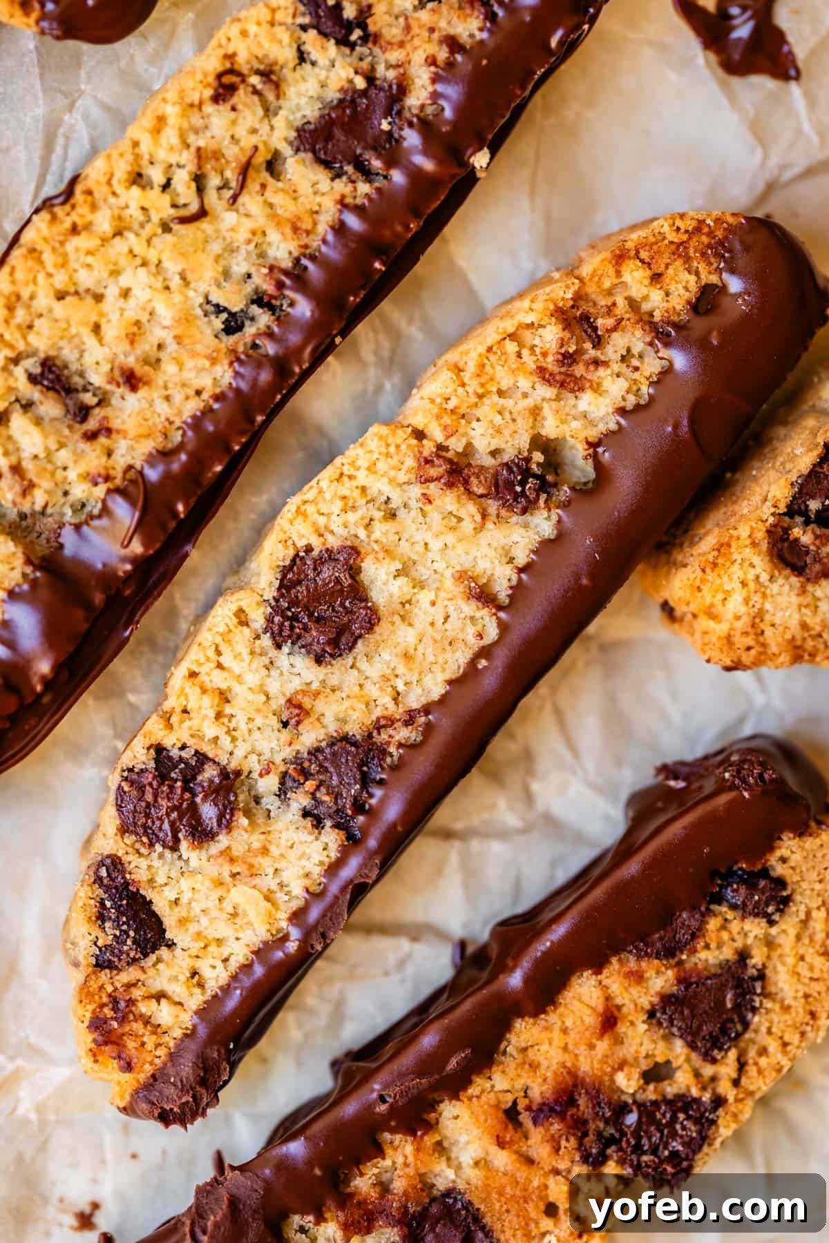 The Biscotti That Will Change Your Mind 19 An artistic arrangement of biscotti cookies, each featuring its thin bottom edge elegantly dipped in rich, melted chocolate, ready to be devoured.