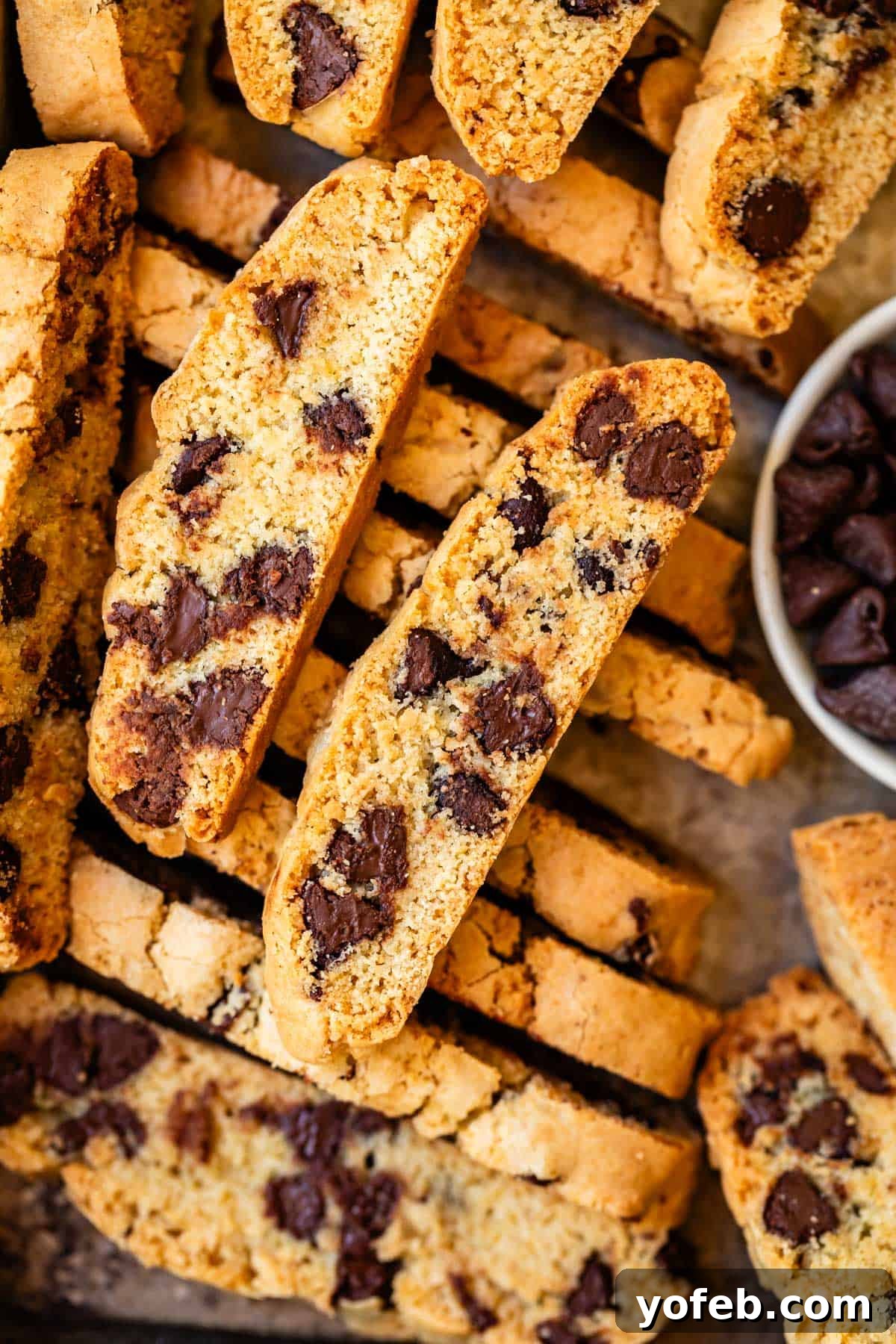 The Biscotti That Will Change Your Mind 4 A charming arrangement of several chocolate chip biscotti cookies, some drizzled with extra chocolate, creating an irresistible display.