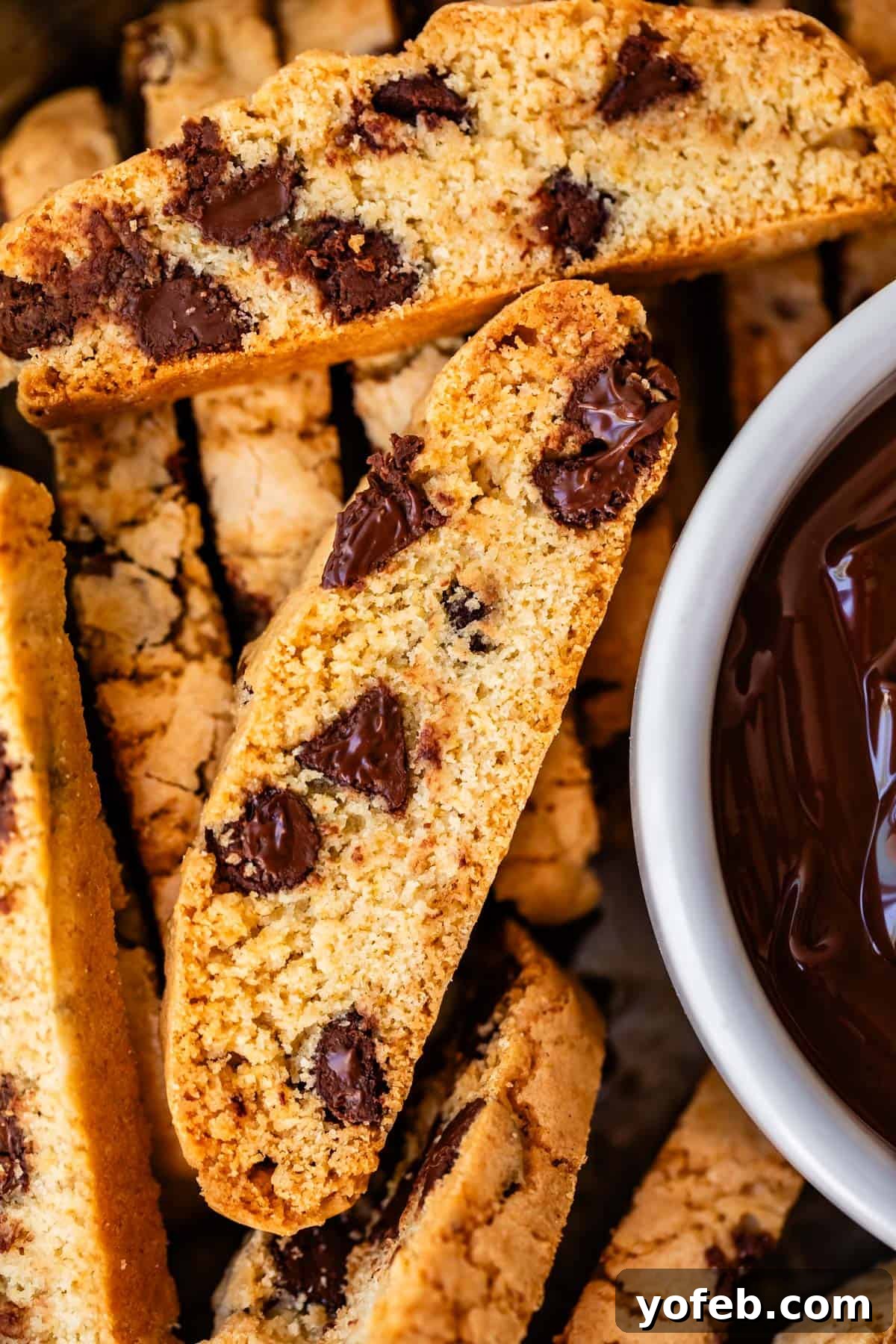 The Biscotti That Will Change Your Mind 5 An inviting scene of several chocolate chip biscotti cookies next to a bowl of rich, melted chocolate, perfect for dipping.