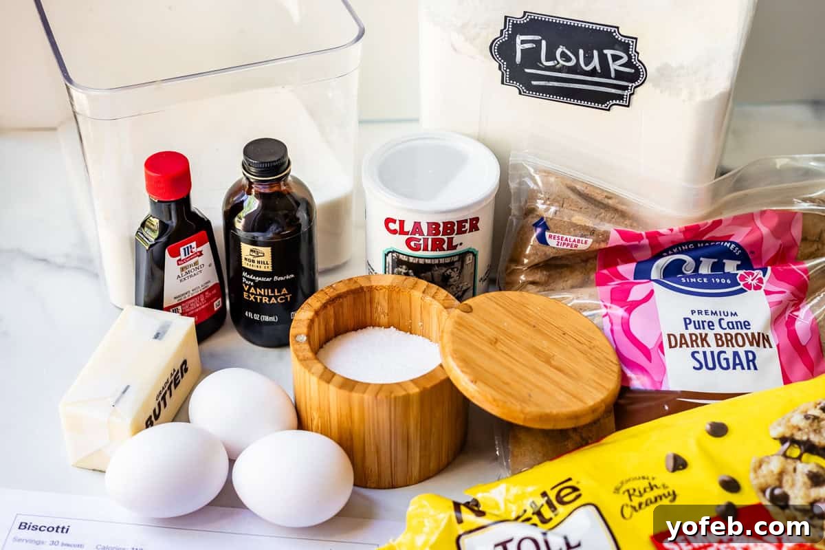 The Biscotti That Will Change Your Mind 9 A curated display of essential biscotti recipe ingredients, including flour, vanilla extract, butter, eggs, and more, ready for baking.